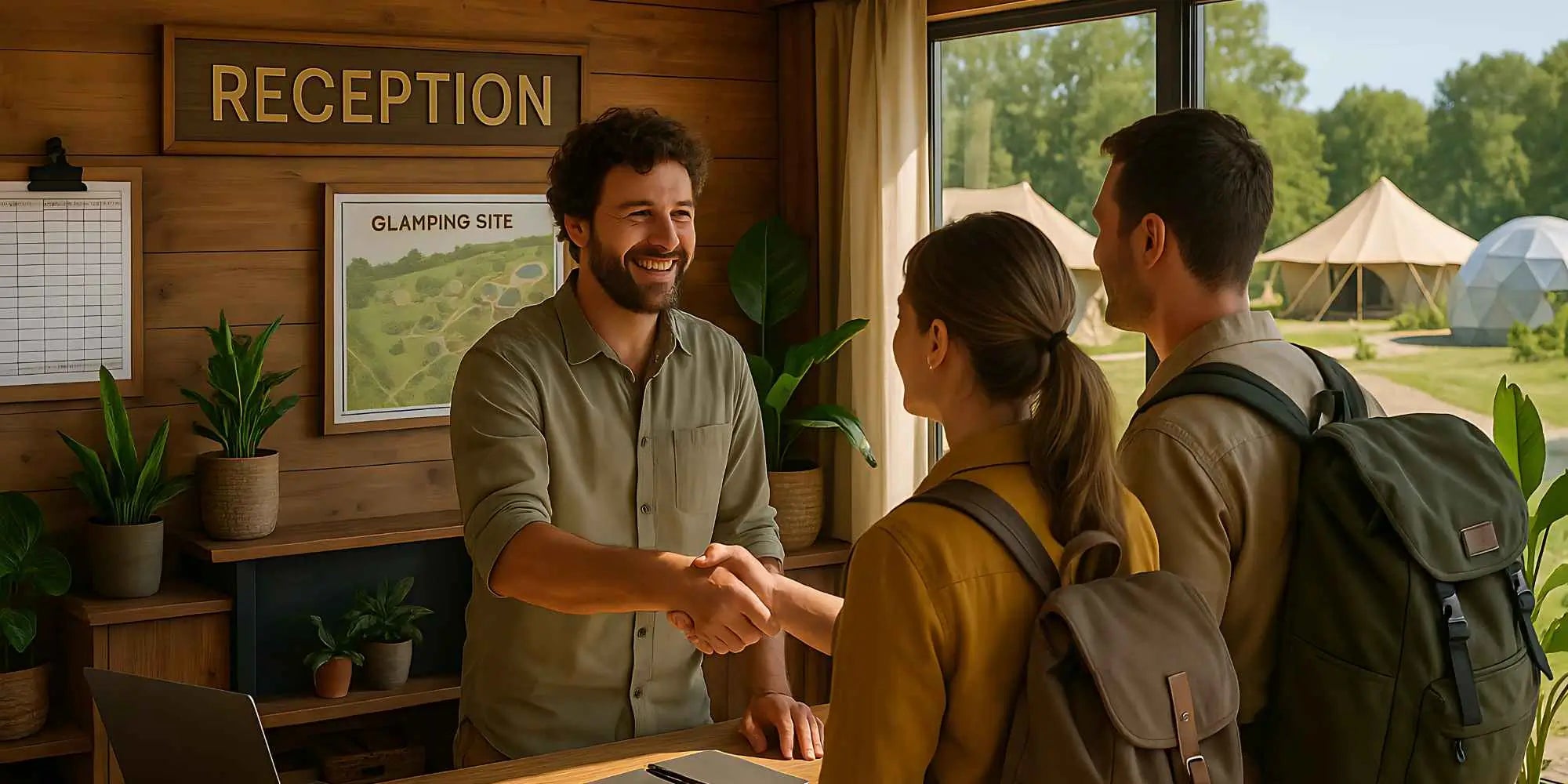 Smiling receptionist welcoming guests at a UK glamping site reception with scenic tents and domes outside.