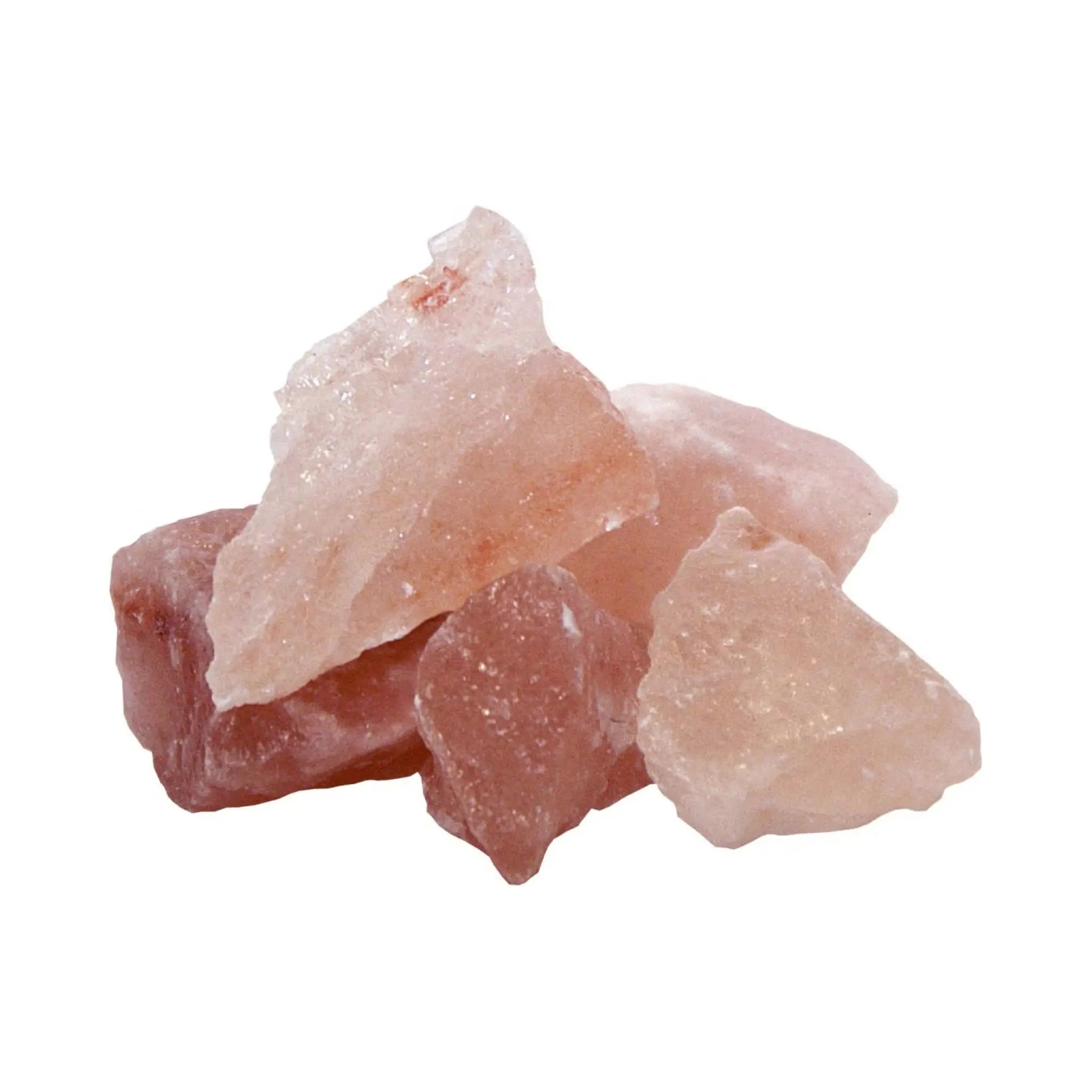 Himalayan sauna salt stones with natural pink salt crystals on a white background.