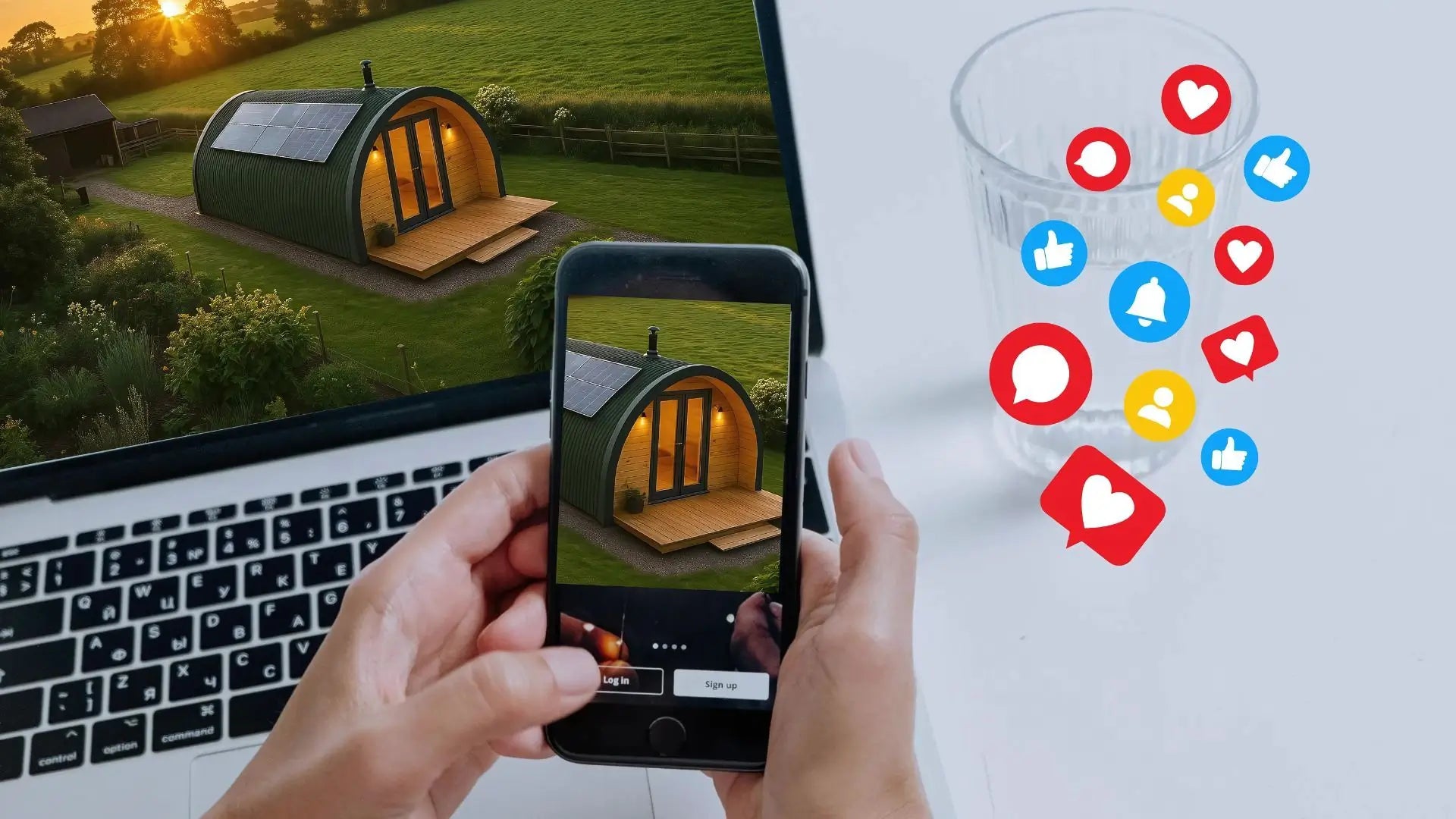 Person photographing eco-friendly glamping pod at sunset with social media icons, promoting digital marketing for UK glamping sites.