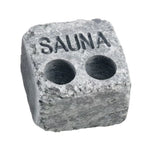 Hukka Sauna Text Steam Stone with two water cups on a white background.