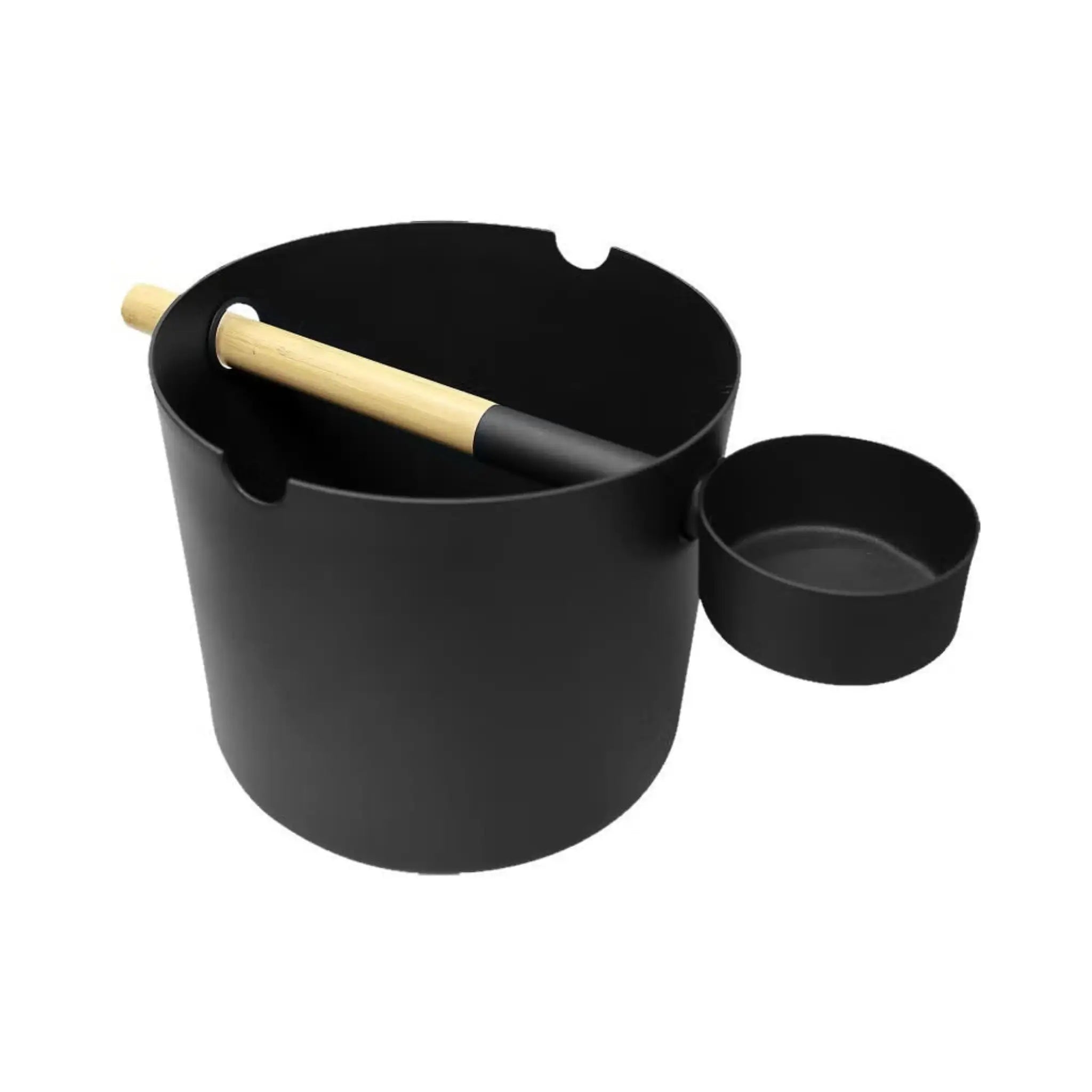 Black KOLO sauna pail and ladle set with integrated ladle handle and modern round pail design.