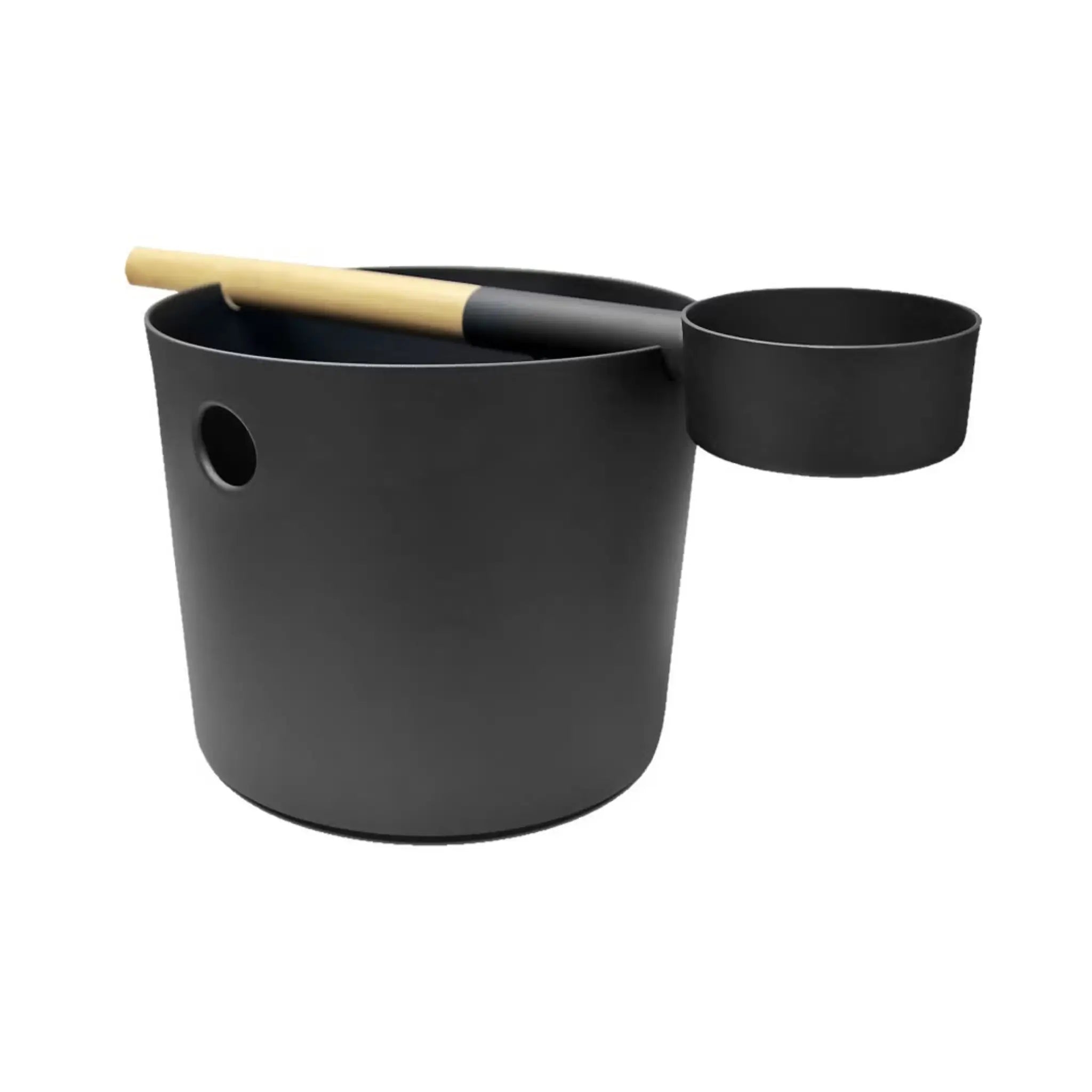 Black KOLO sauna pail and ladle with bamboo handle, photographed on a clean white background.