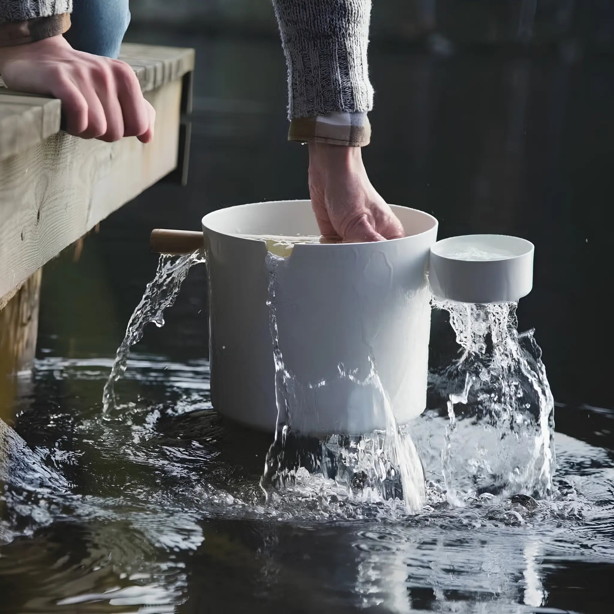 White KOLO sauna pail and ladle being used for water by a lakeside sauna setting.