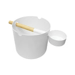 White KOLO sauna pail and ladle set with minimalist round pail and integrated ladle design.