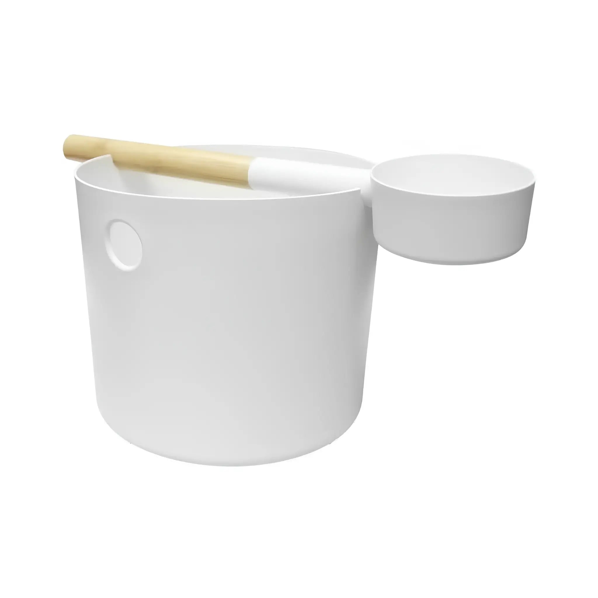 White KOLO sauna pail and ladle with bamboo handle, photographed on a clean white background.