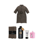 Kids sauna essentials kit with brown bathrobe, sauna seat cover, sauna scent, sauna honey and pink juice box holder