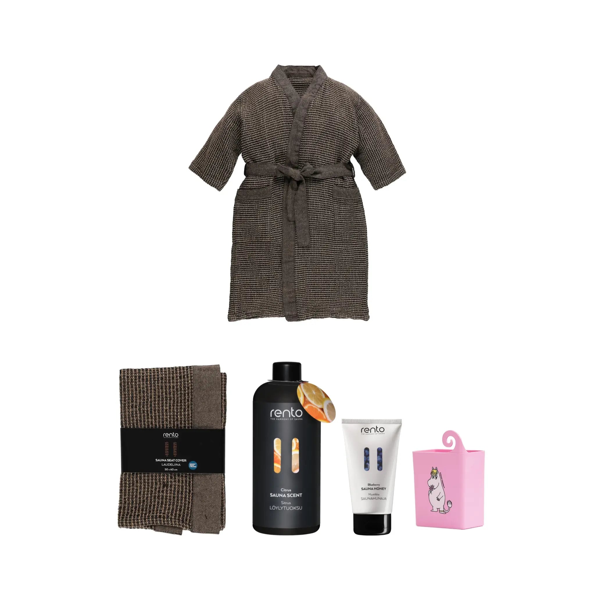 Kids sauna essentials kit with brown bathrobe, sauna seat cover, sauna scent, sauna honey and pink juice box holder