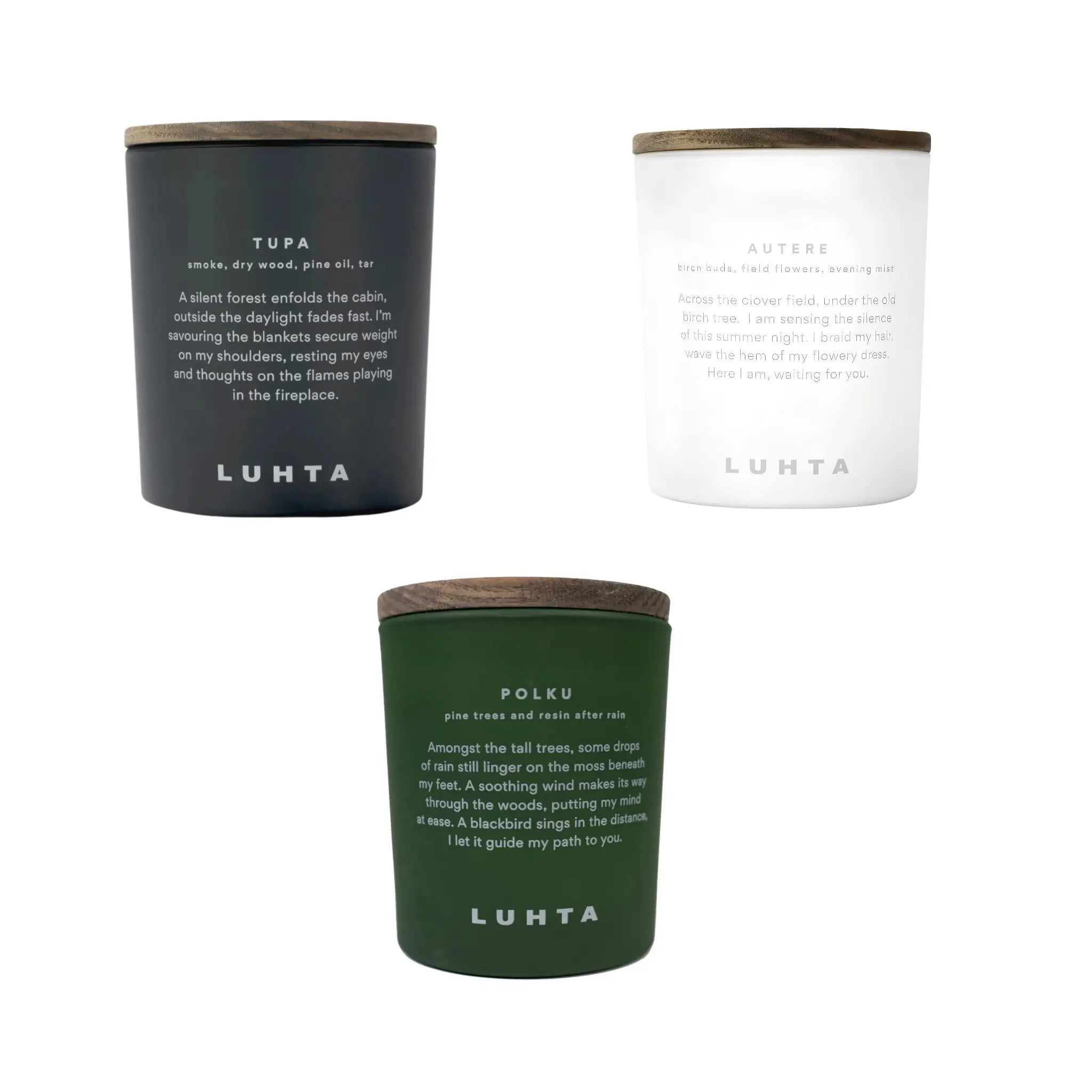 Luhta Home Tupa scented candle bundle with Tupa, Autere and Polku candles on a white background.