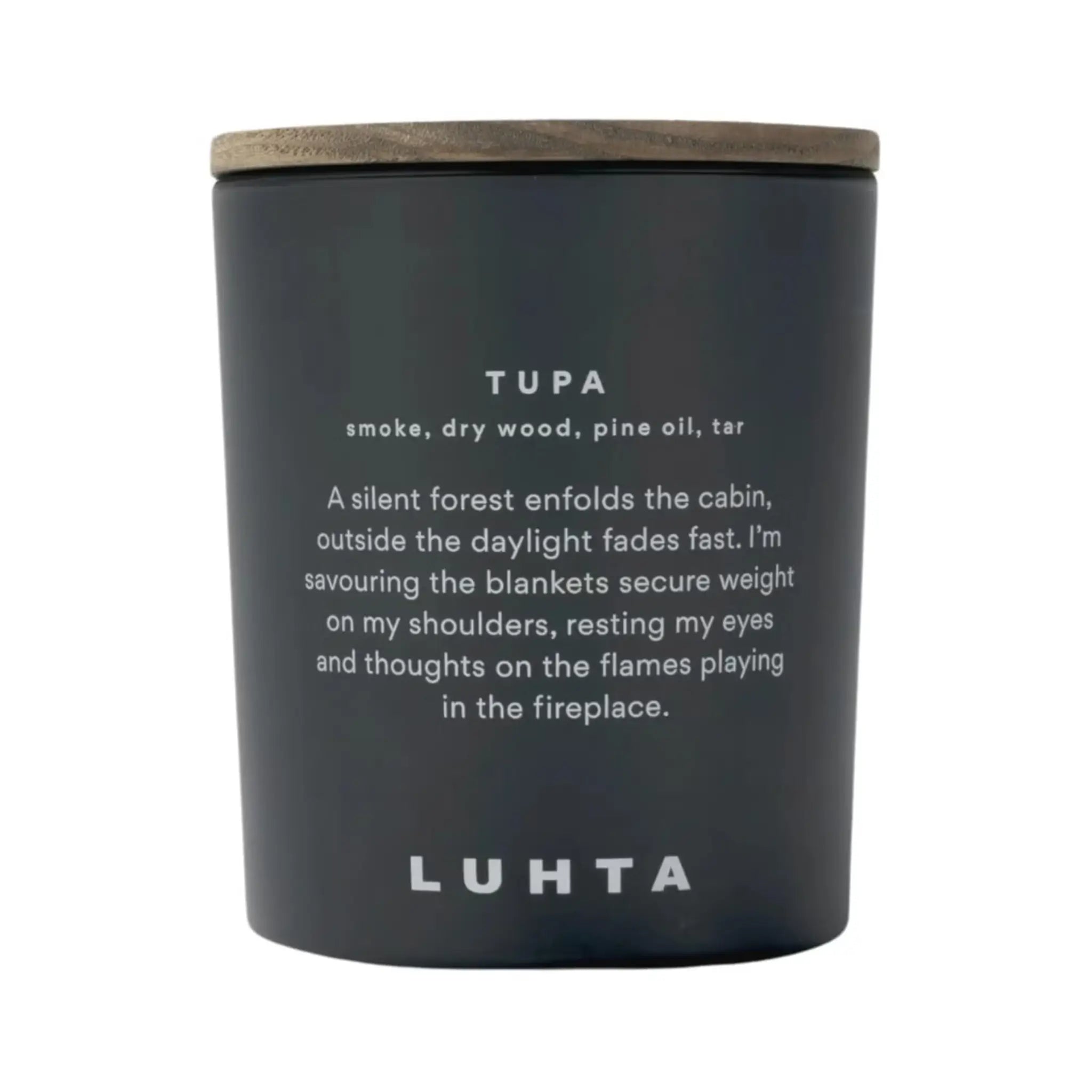 Luhta Home Tupa scented candle with smoke, dry wood, pine oil and tar fragrance on a white background.