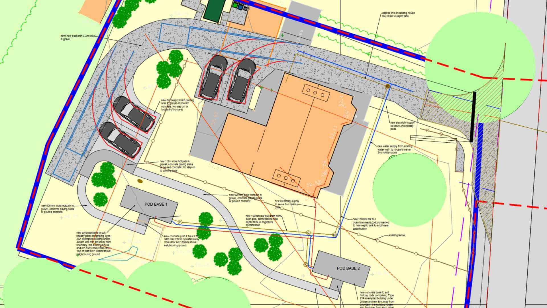 Site plan for Nigel and Margaret Andrews’ luxury Hobbit-style glamping pods near Inverness, Scotland, showing pod bases, parking, and service layouts.