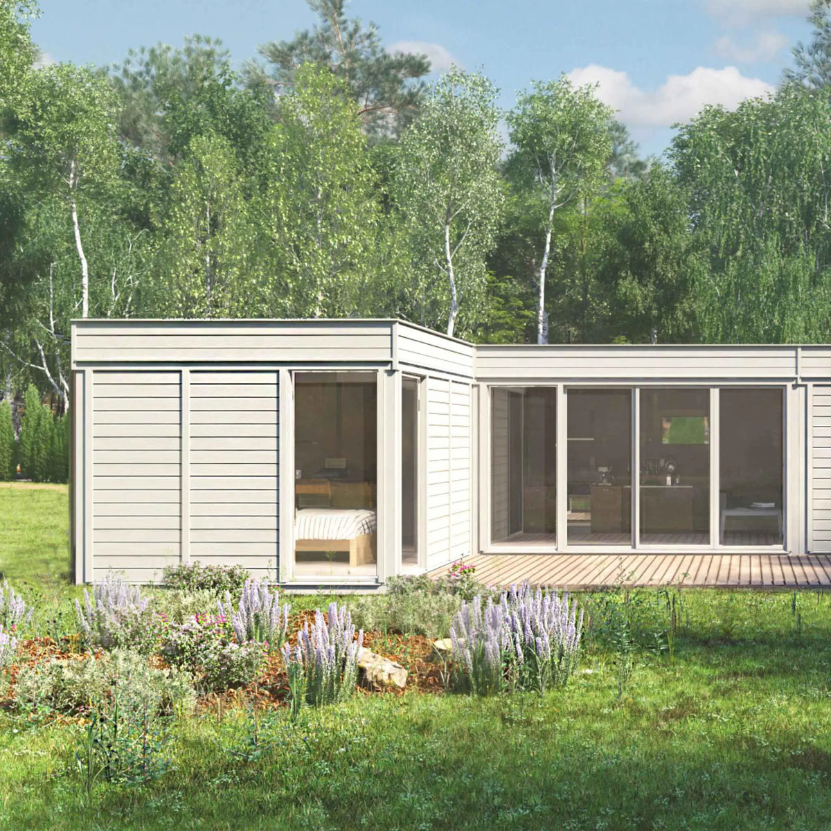 Off Site Modular Luxury 2–4 Person Modular Off-Grid L-Shaped Home – GlampLaunch