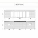 Architectural drawings showing front and side views of a modular building