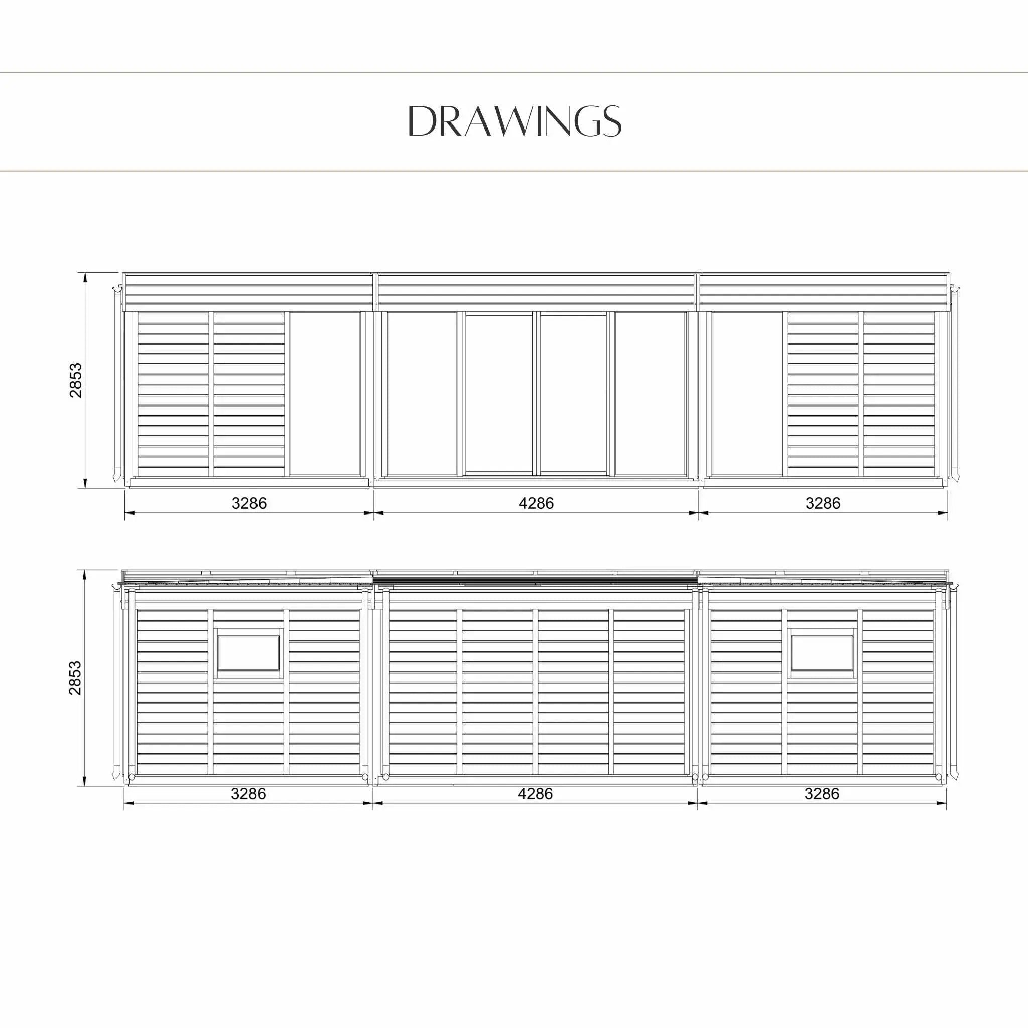 Architectural drawings showing front and side views of a modular building