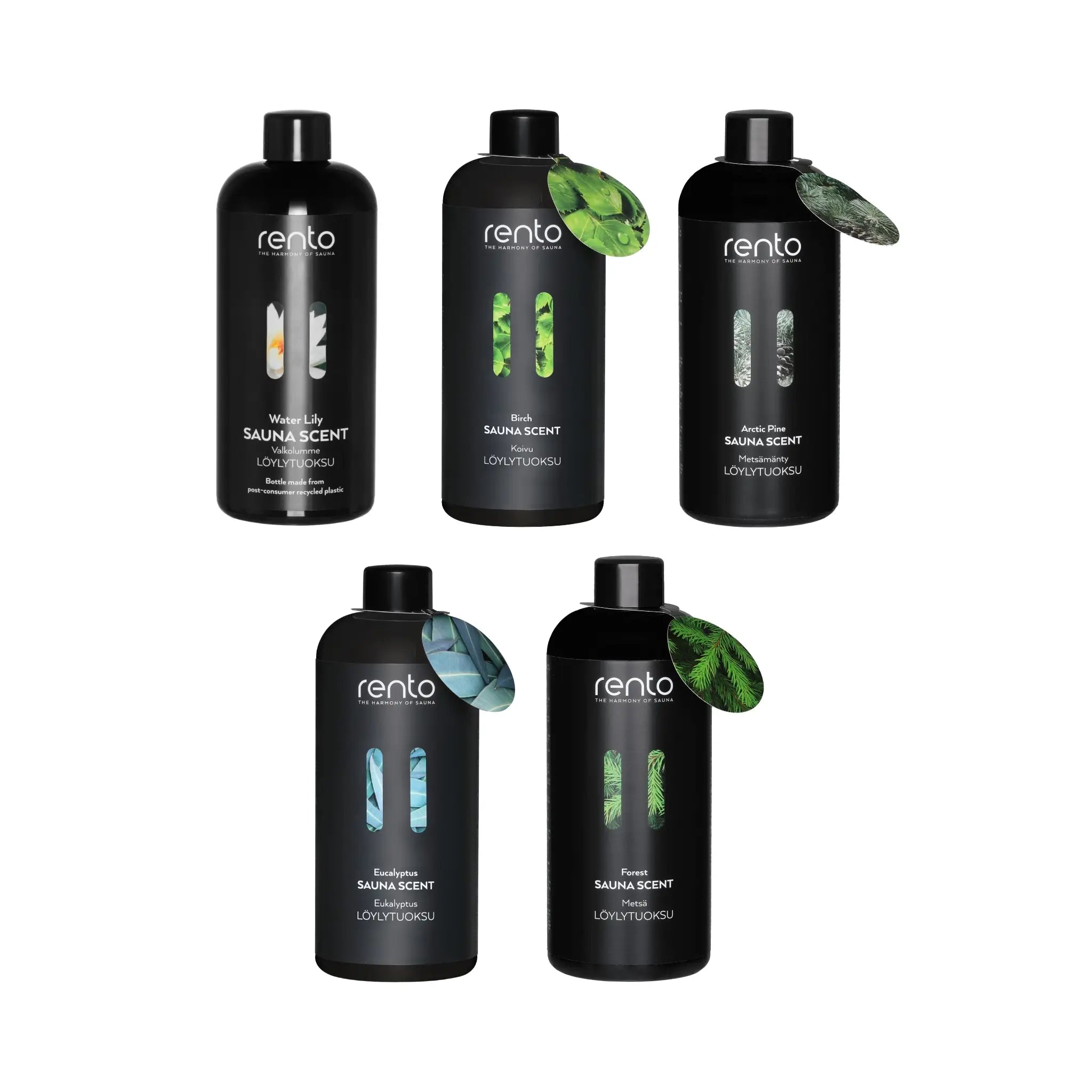 Rento Nordic Escape sauna aroma collection with Water Lily, Birch, Arctic Pine, Eucalyptus and Forest scents on a white background.