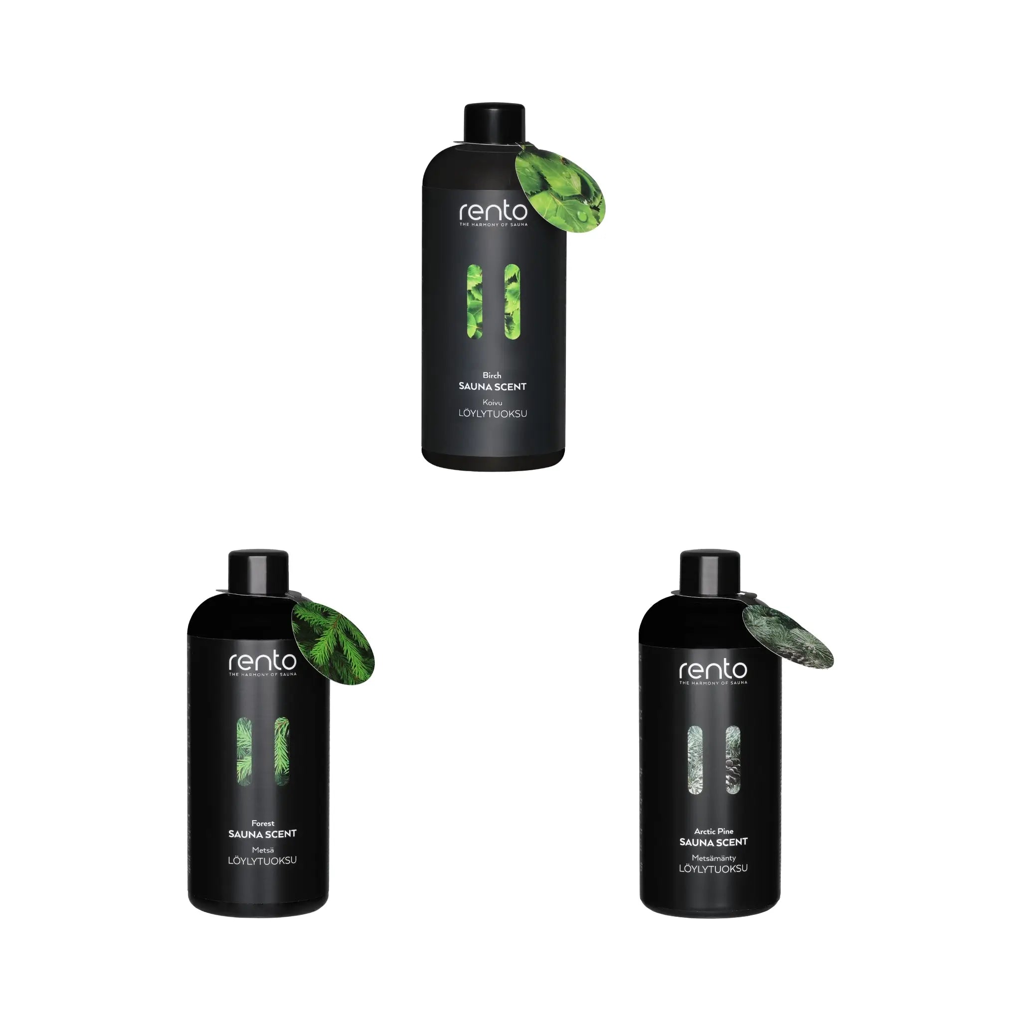 Rento Nordic Forest sauna scent trio with Birch, Forest and Arctic Pine bottles on a white background.