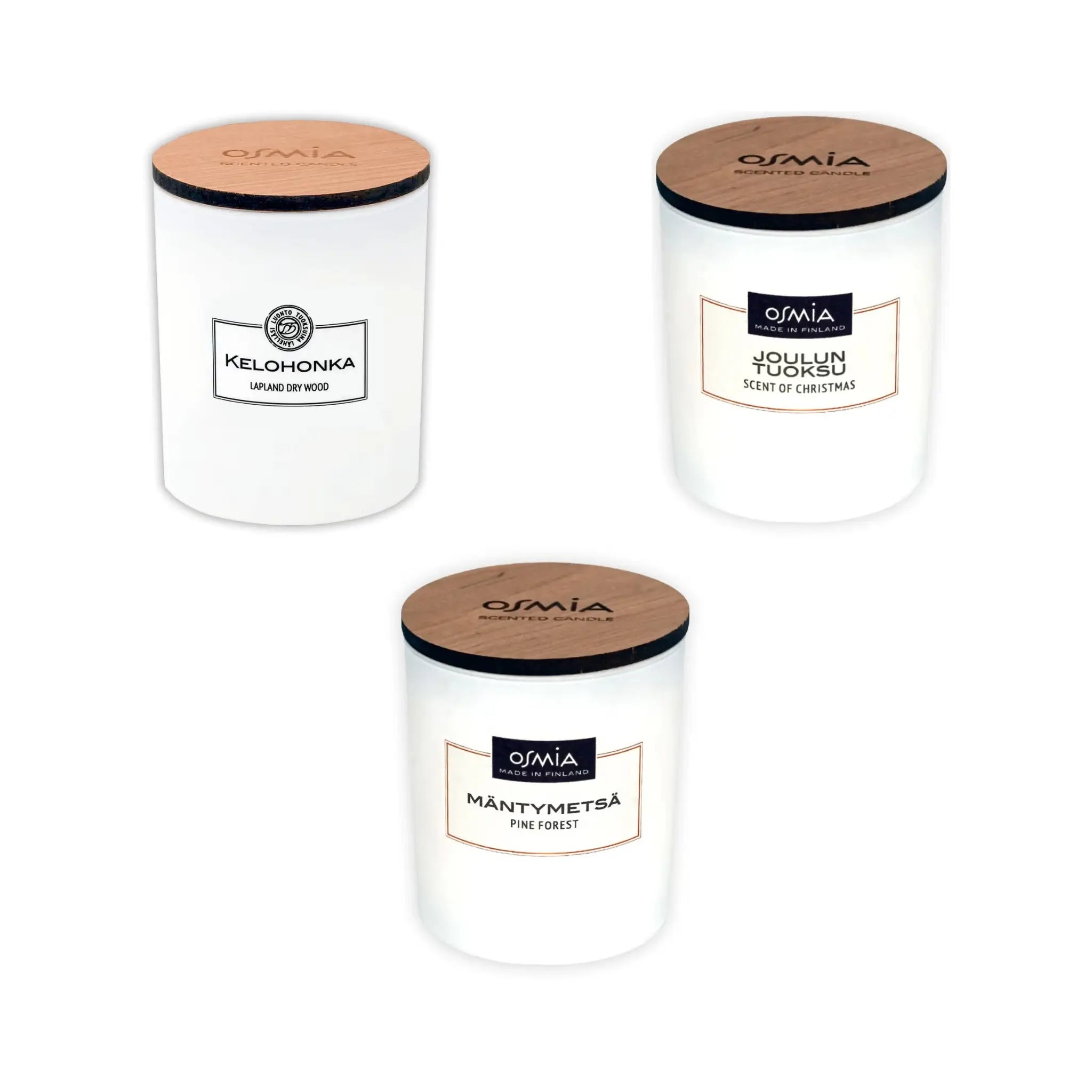 Osmia scented candle bundle with Lapland Dry Wood, Scent of Christmas and Pine Forest candles on a white background.