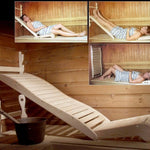 Adjustable pine sauna chair shown inside a timber sauna with visual guide demonstrating different reclining positions