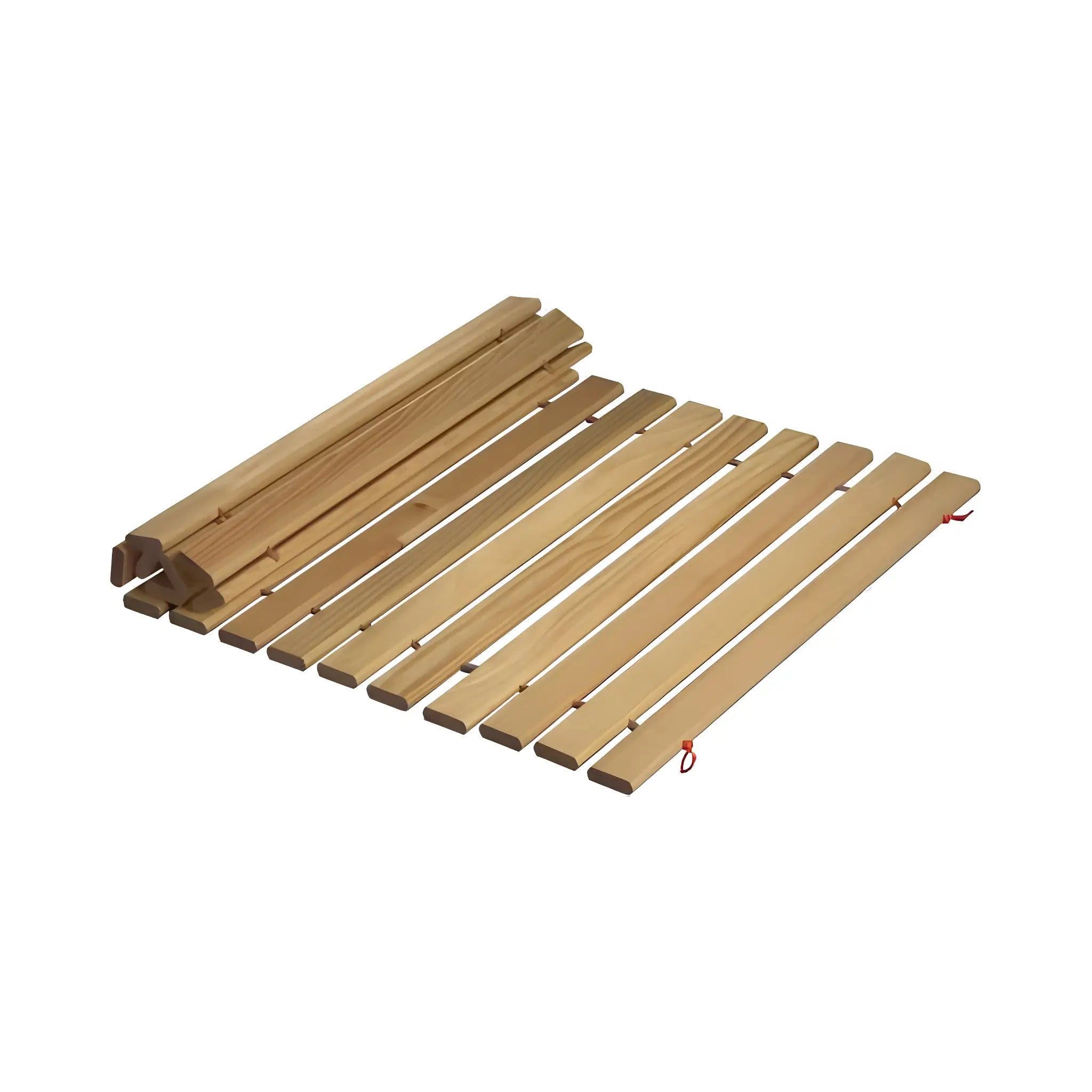 Pine slat sauna mat rolled out on a white background with natural wood finish and red end ribbons.