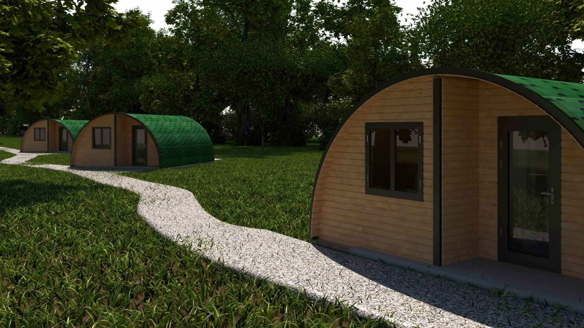 3D render of bespoke Halfmoon pods for a new retreat project in Portugal, featuring three guest rental units and one personal living pod.