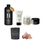 Premium Sauna Wellness Collection with Rento sauna scent, sauna honey, peat mask, scrubbing salt, Tupa scented candle and Himalayan sauna salt stones on a white background.