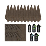 10 brown sauna towels, 10 matching sauna seat covers and five Rento sauna scents arranged as a commercial guest essentials bundle for sauna use.
