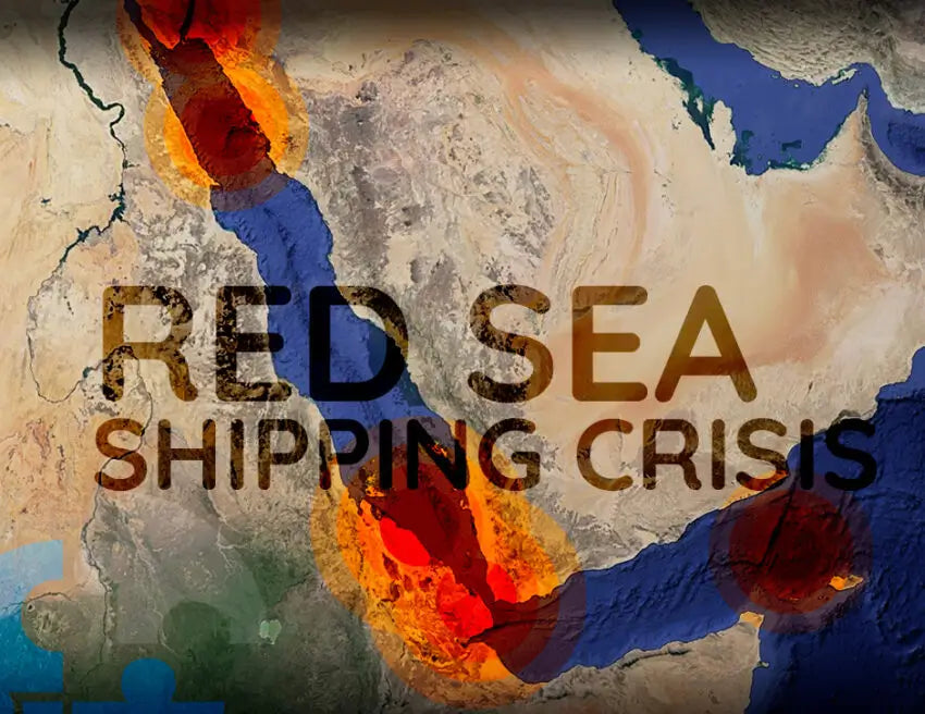Map of the Red Sea region with highlighted conflict zones and text reading “Red Sea Shipping Crisis,” symbolising the 2024 supply chain disruption that caused £150k in refunds for GlampLaunch.