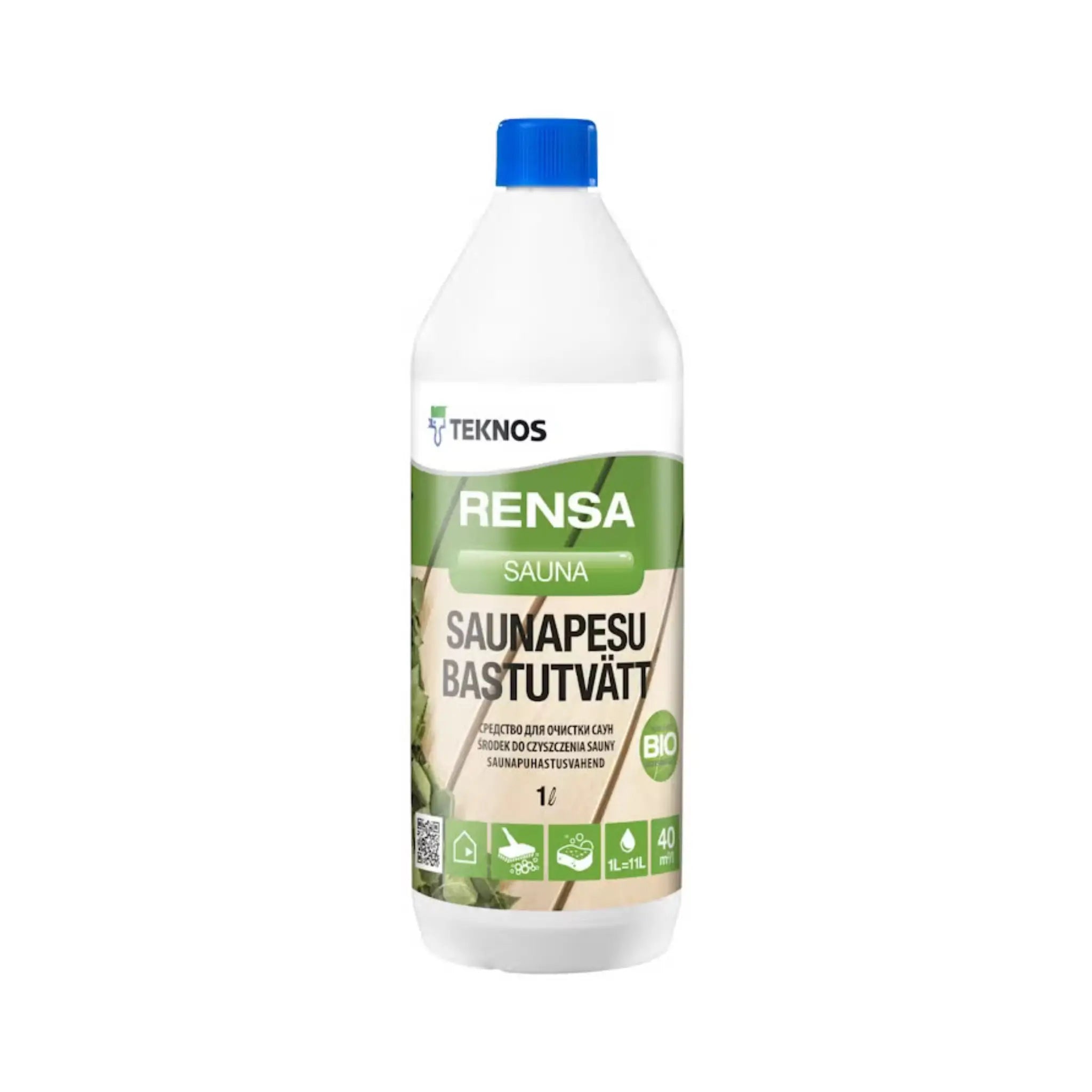 Rensa Sauna Cleaner 1L bottle for gentle sauna and washroom cleaning on a white background.
