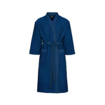 Full-length dark blue Rento Kenno bathrobe with belt and front pockets on a white background.