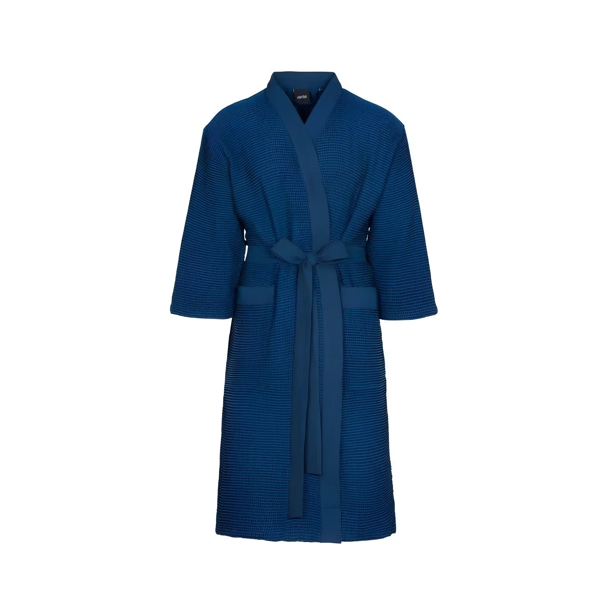 Full-length dark blue Rento Kenno bathrobe with belt and front pockets on a white background.