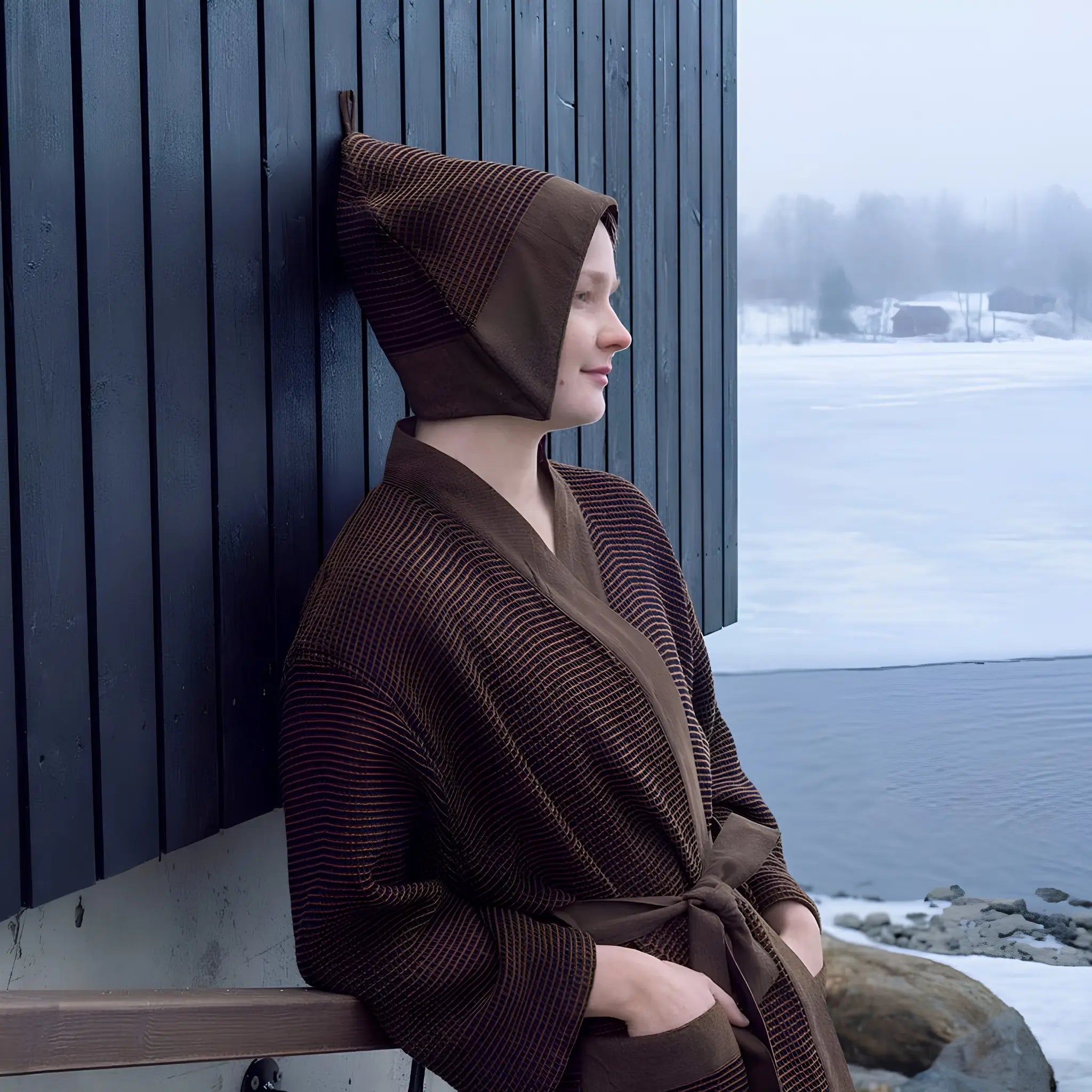 Woman wearing a dark brown Rento Kenno bathrobe and sauna hat outside a winter sauna cabin.