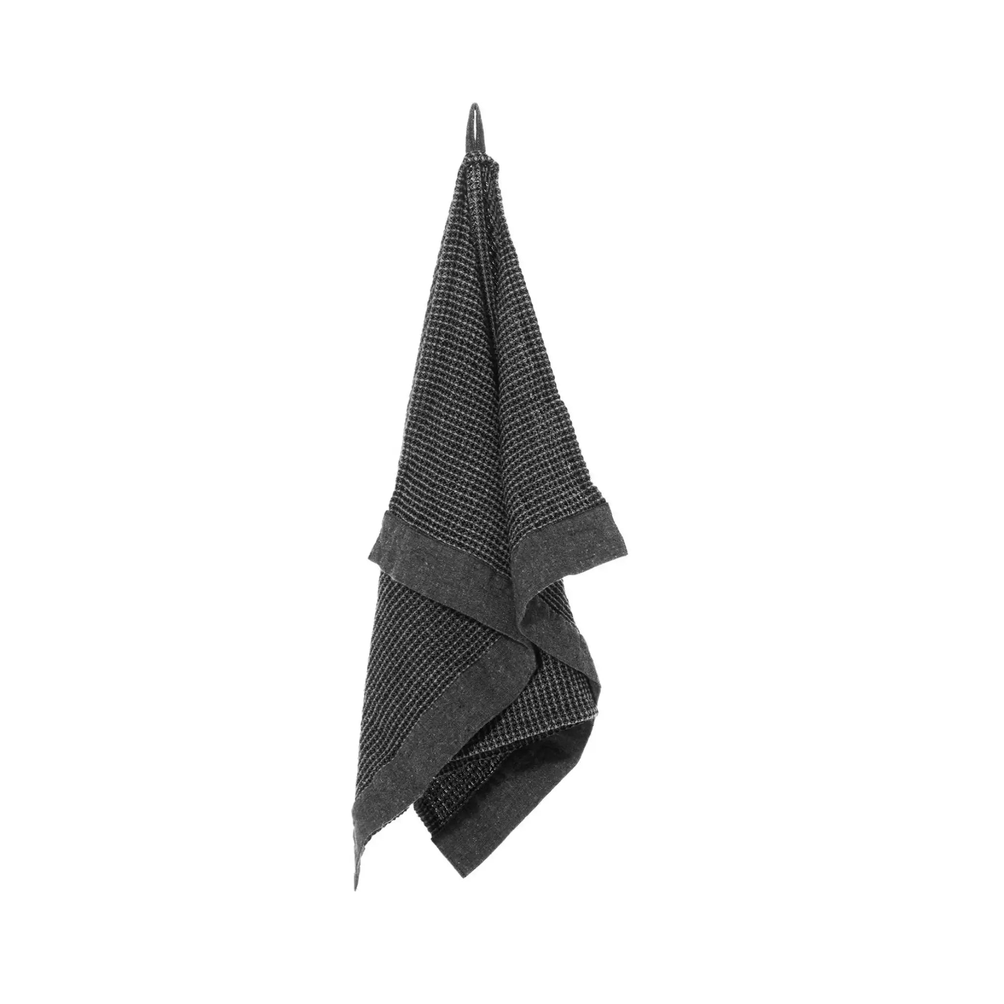 Black Rento Kenno hand towel 50 x 70cm hanging with textured waffle weave and chambray trim.