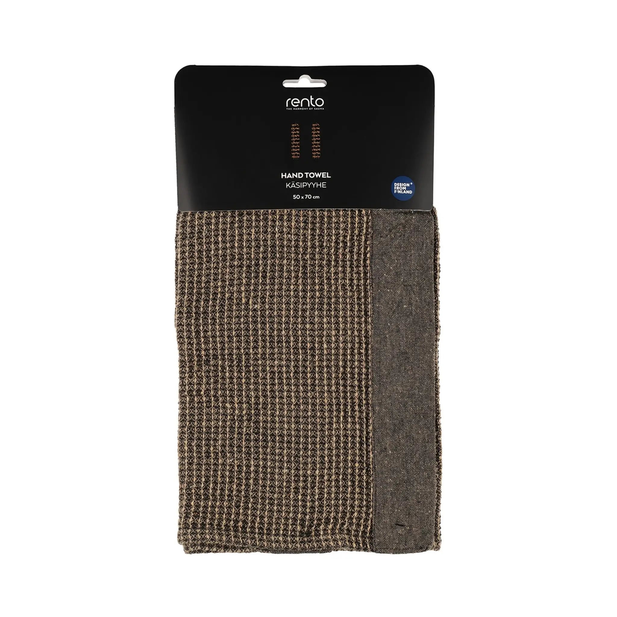 Packaged brown Rento Kenno hand towel 50 x 70cm with Design from Finland label.