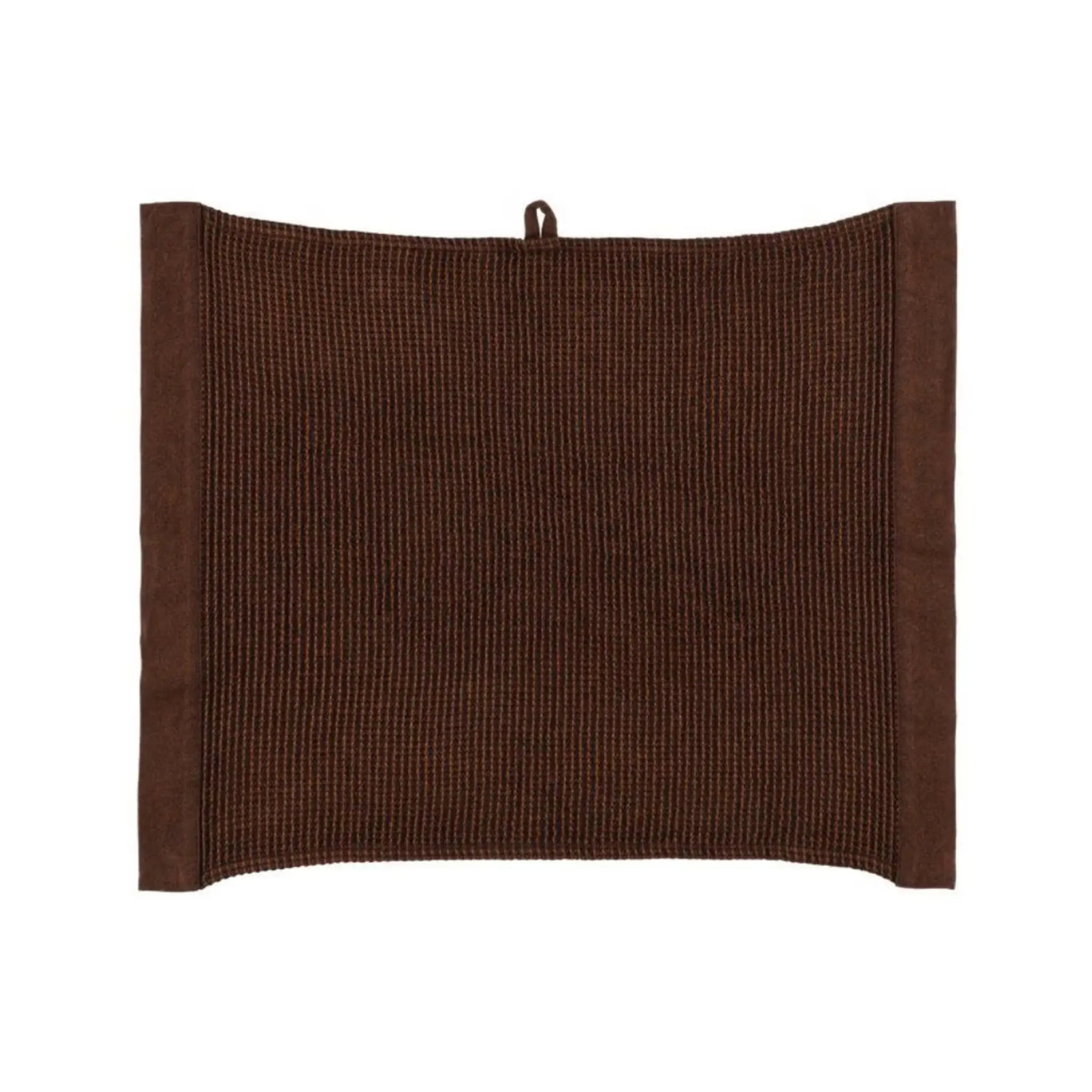 Dark brown Rento Kenno hand towel 50 x 70cm shown flat with textured weave and chambray trim.