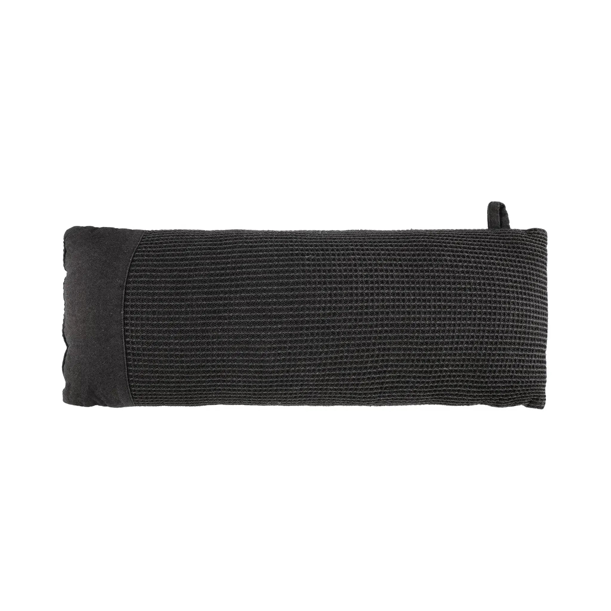 Black Rento Kenno sauna pillow with textured fabric and hanging loop on a white background