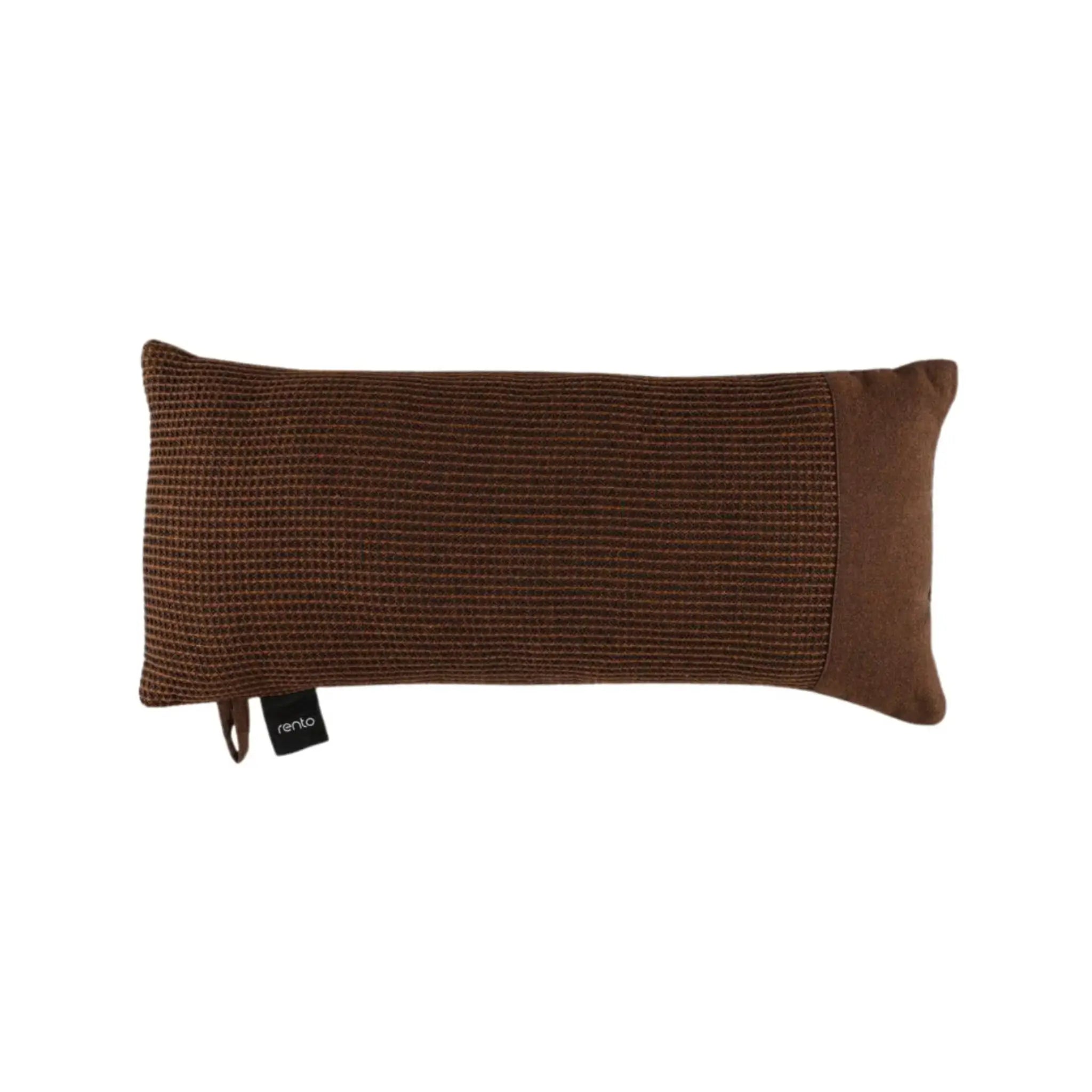 Dark brown Rento Kenno sauna pillow with woven texture and side fabric panel on a white background