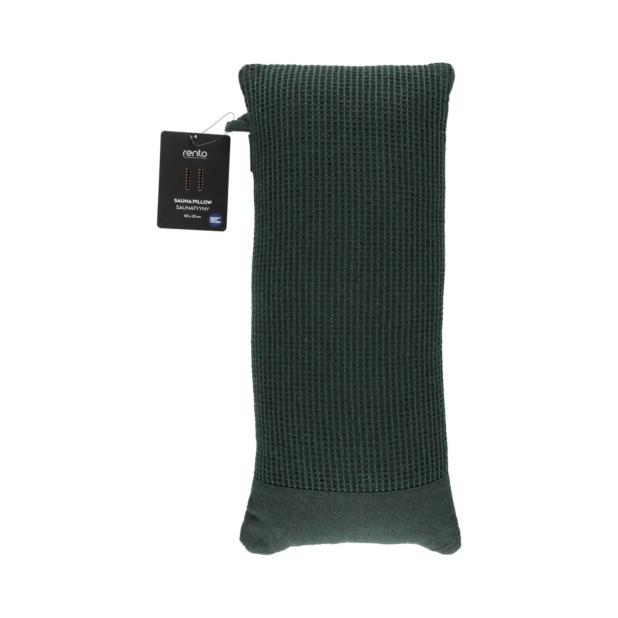 Dark green Rento Kenno sauna pillow with product tag and textured fabric on a white background