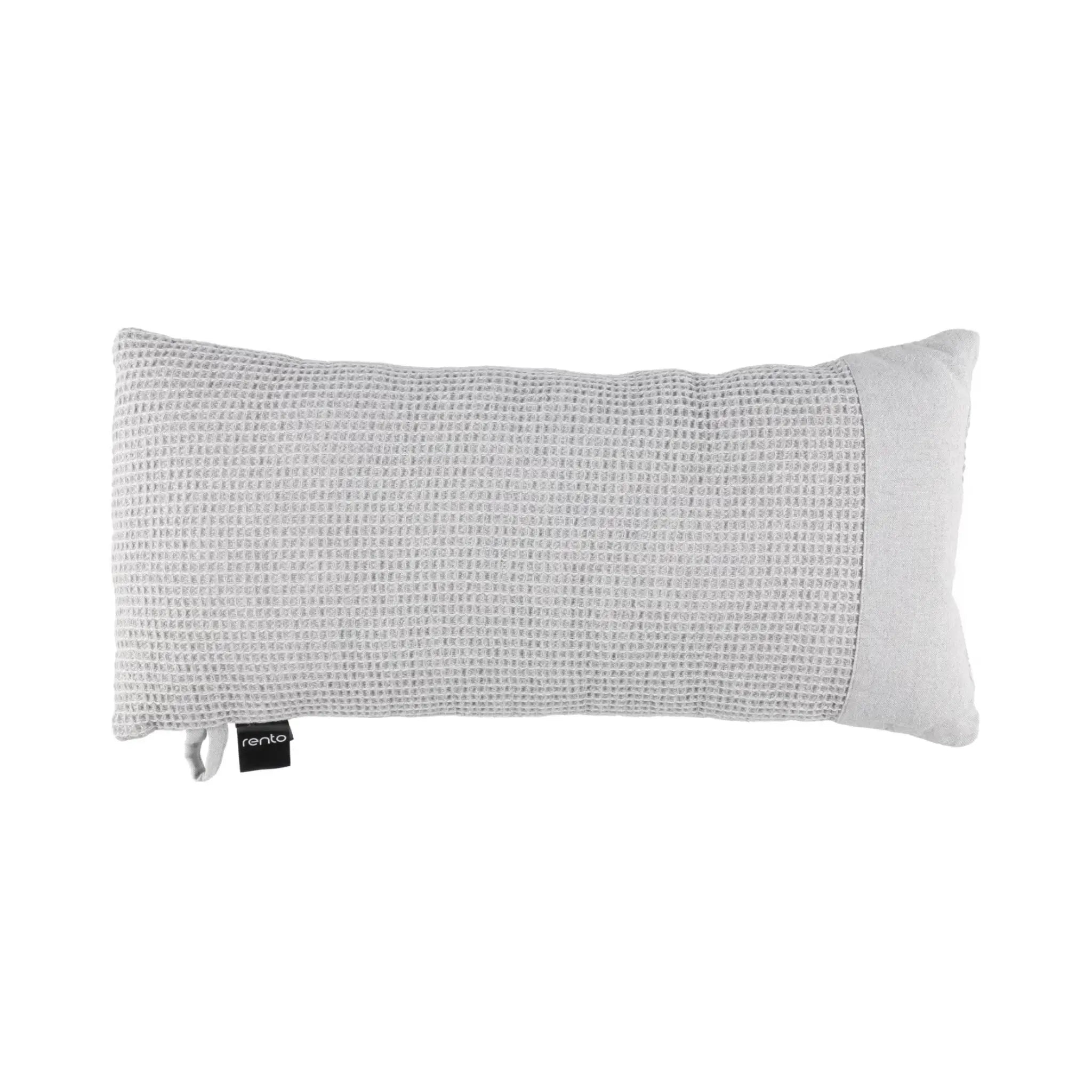 Grey white Rento Kenno sauna pillow with textured fabric and side panel on a white background