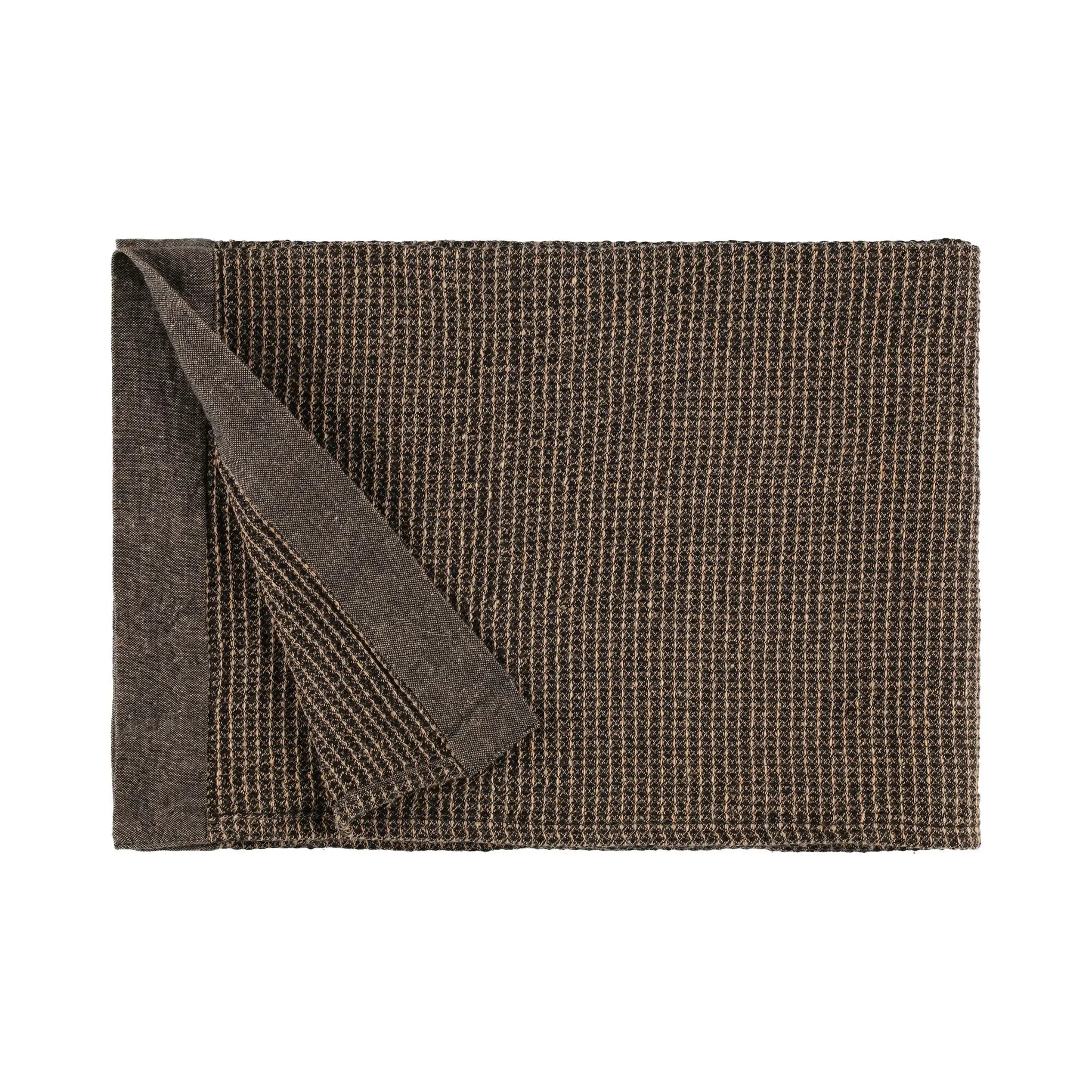 Rento Kenno brown sauna seat cover with textured recycled fabric and chambray trim, 60 x 160cm
