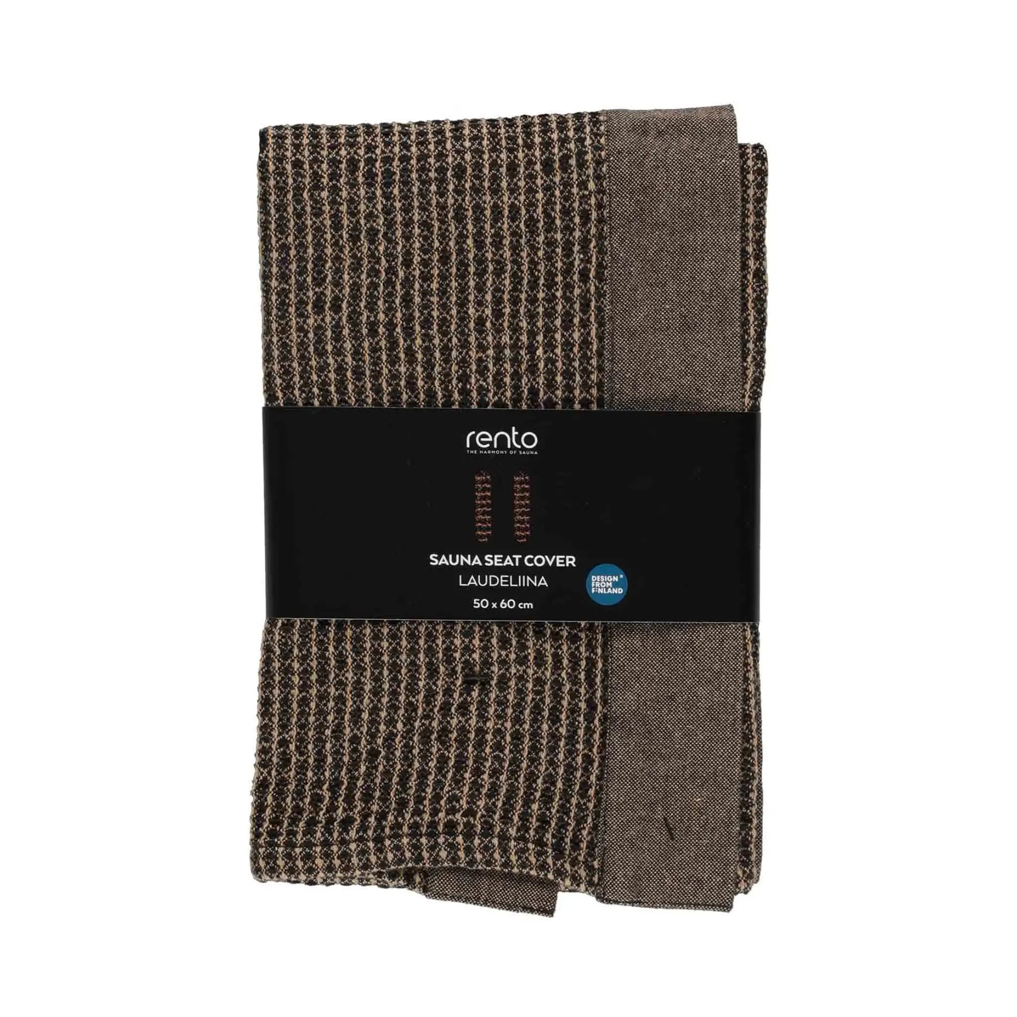 Packaged Rento Kenno dark brown sauna bench cover 60 x 160cm made from recycled cotton and polyester
