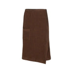 Dark brown Rento Kenno waist towel with woven texture, chambray edging and side pocket on white background