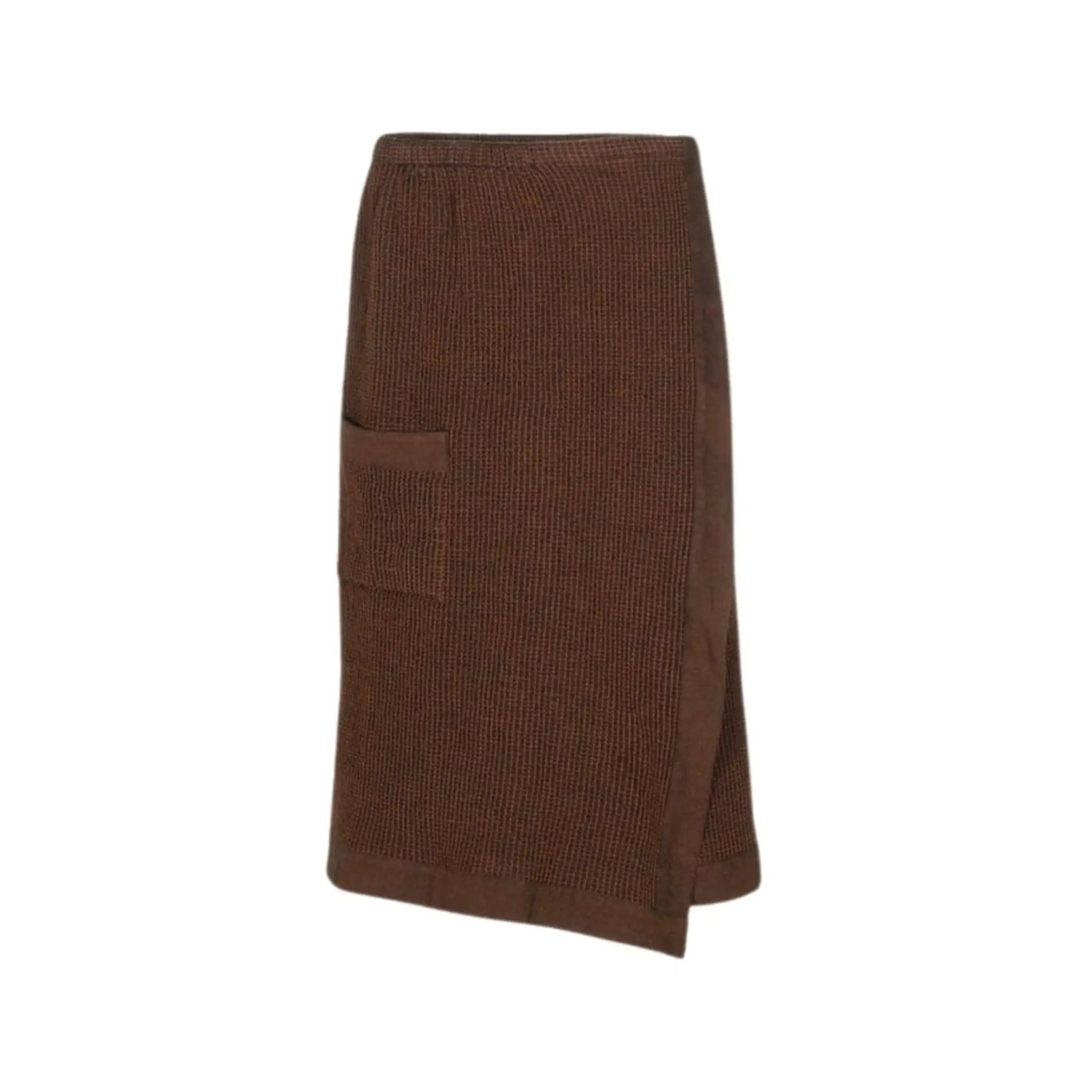 Dark brown Rento Kenno waist towel with woven texture, chambray edging and side pocket on white background