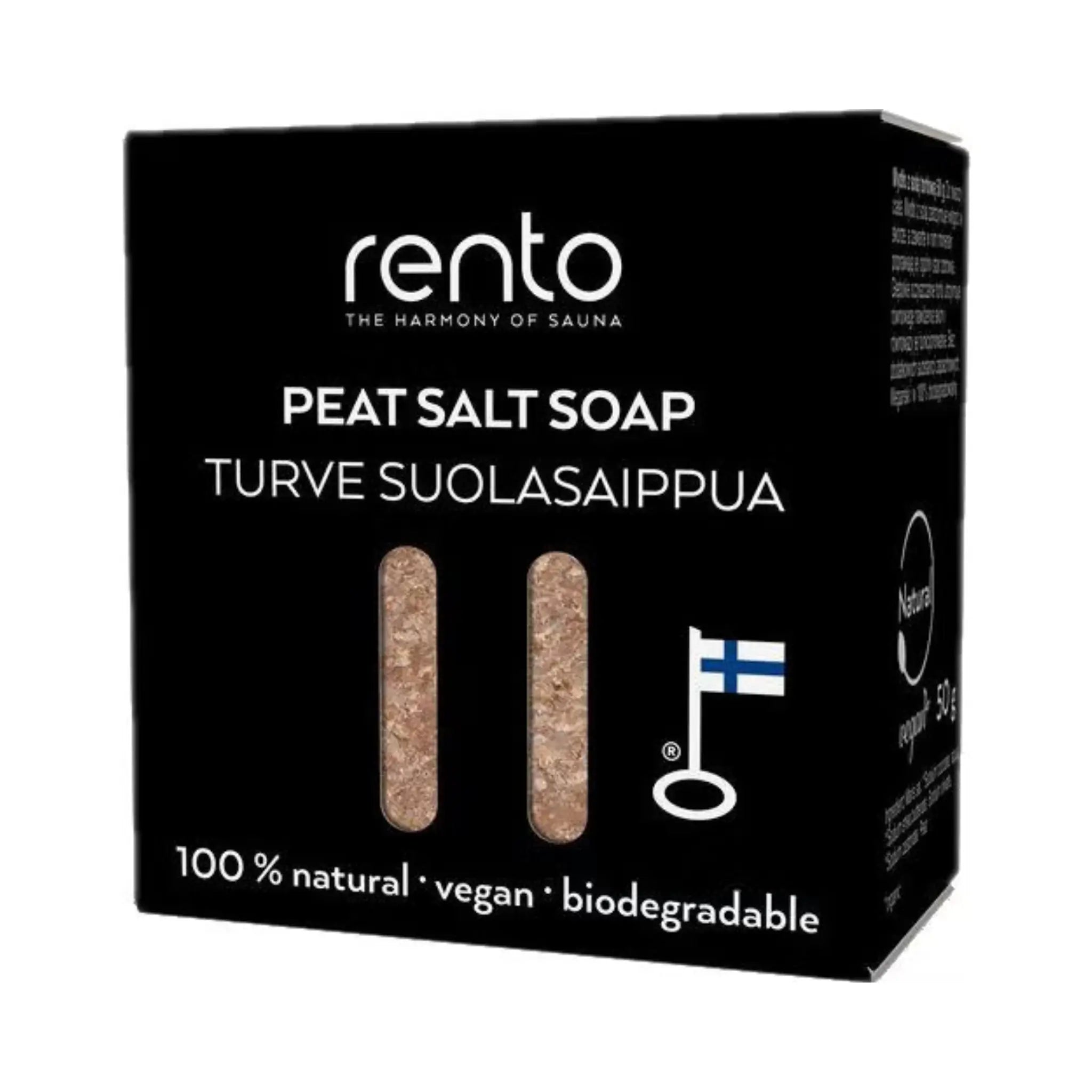 Rento Peat Salt Soap 50g in black boxed packaging on a white background.