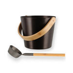 Tar coloured Rento sauna bucket and ladle set with bamboo handles