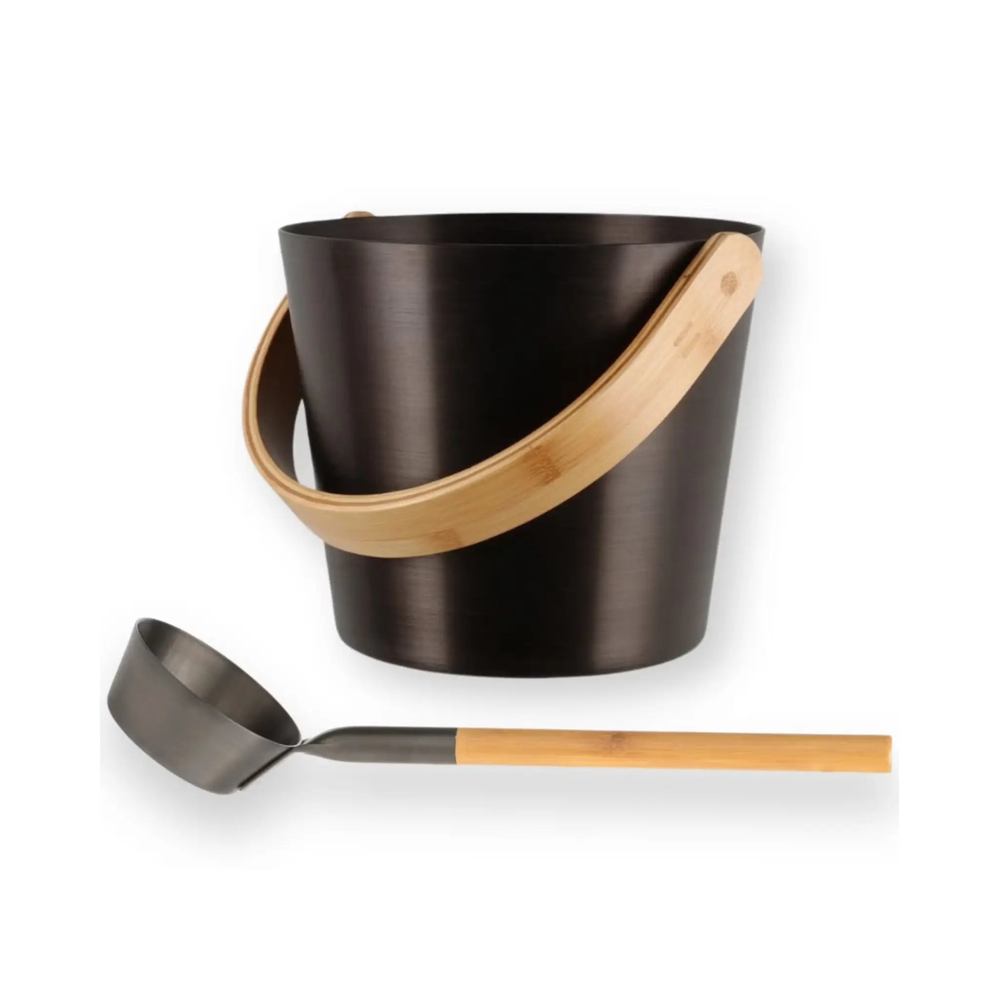 Tar coloured Rento sauna bucket and ladle set with bamboo handles