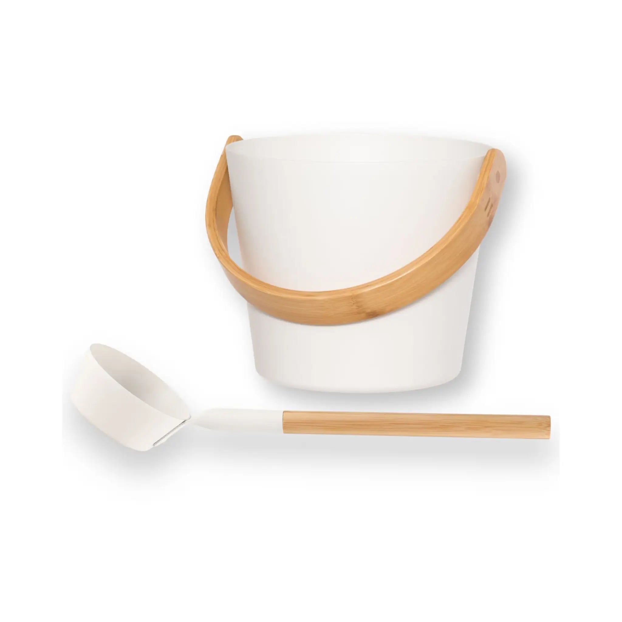 White Rento sauna bucket and ladle set with bamboo handles