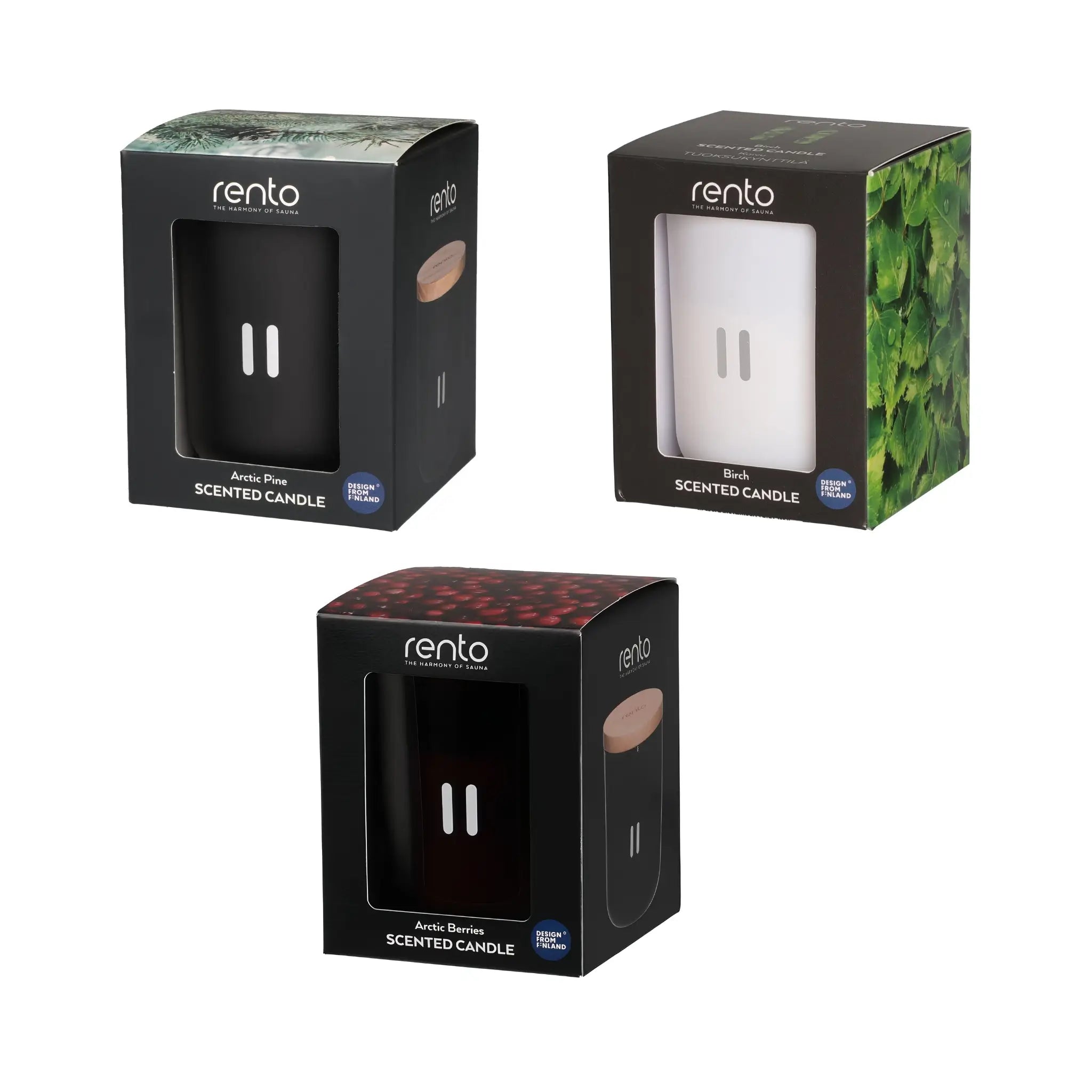 Rento scented candle bundle with Arctic Pine, Birch and Arctic Berries candles in boxed packaging on a white background.