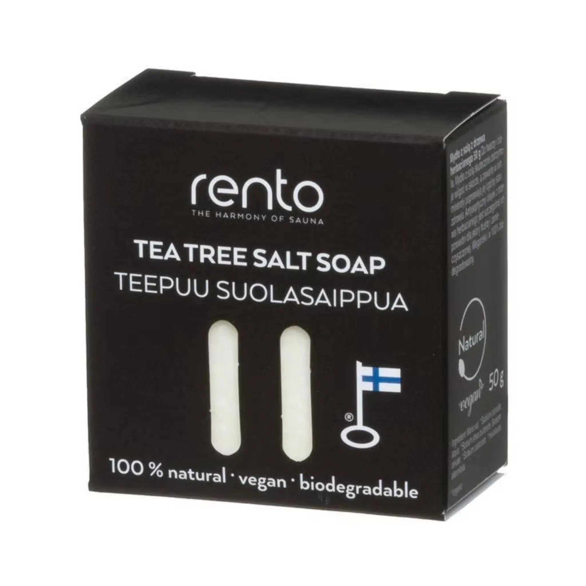 Rento Tea Tree Salt Soap 50g in black boxed packaging on a white background.