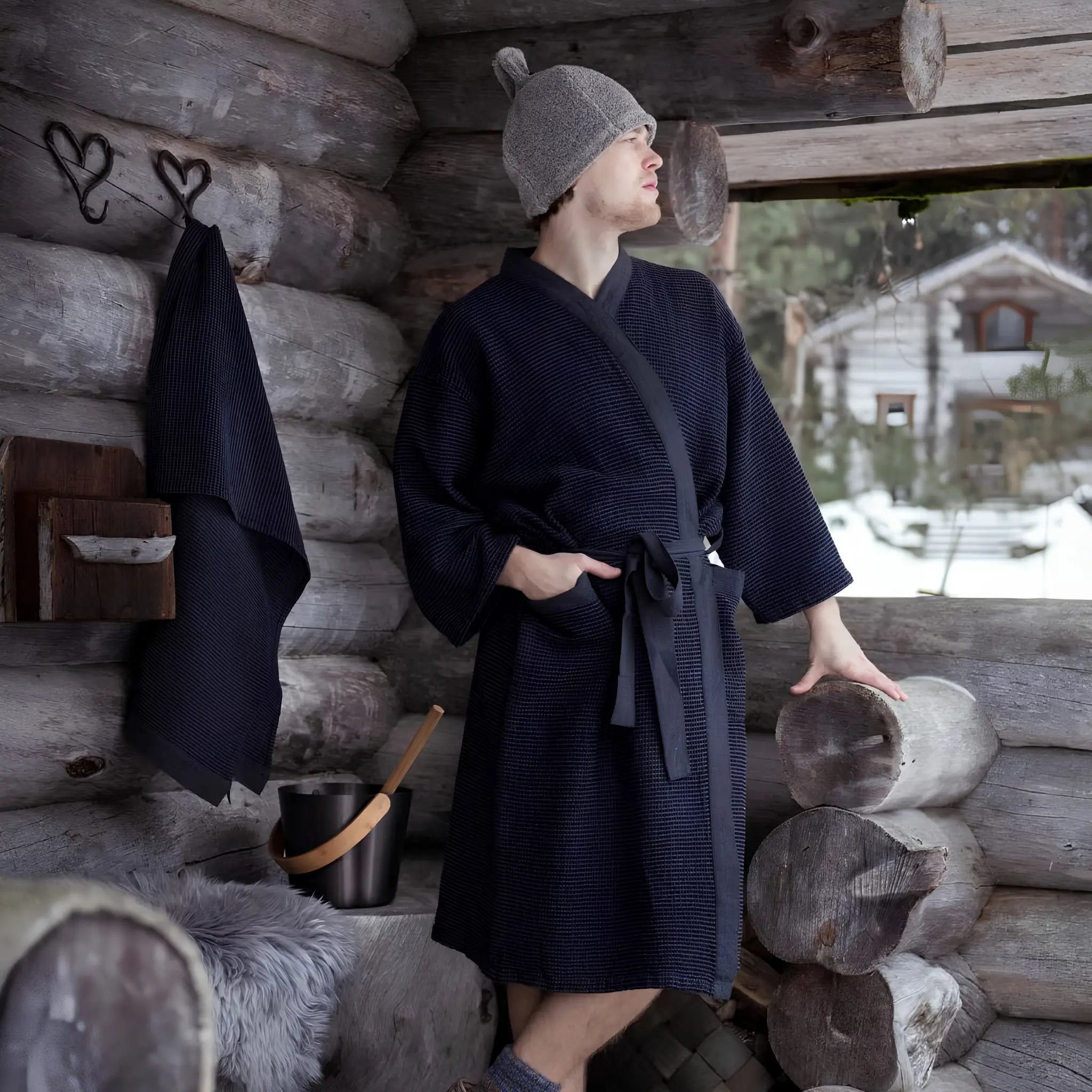 Man wearing a black Rento Kenno bathrobe inside a rustic log cabin with sauna accessories nearby.