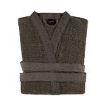 Folded brown Rento Kenno adult bathrobe with chambray edging and matching belt