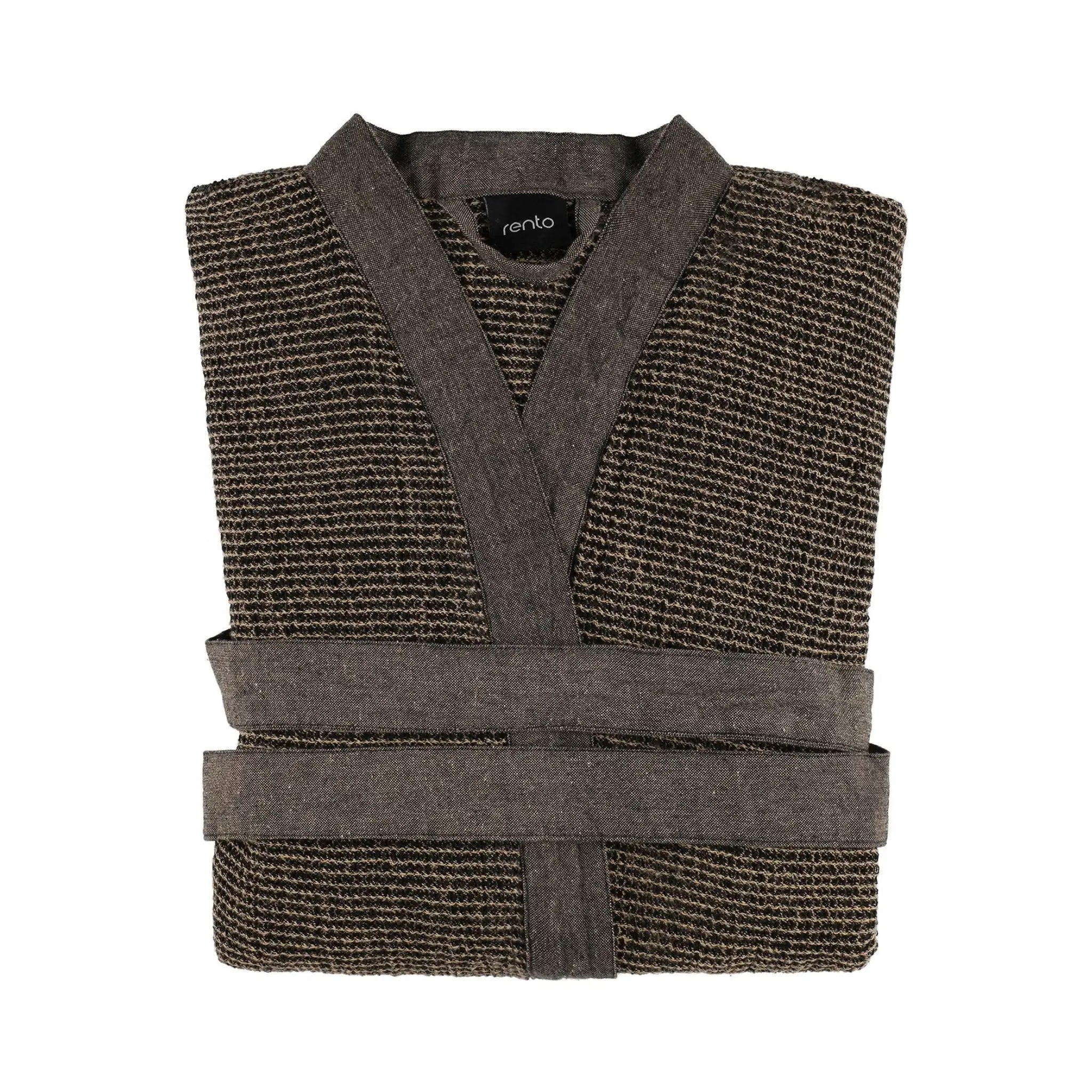 Folded brown Rento Kenno adult bathrobe with chambray edging and matching belt